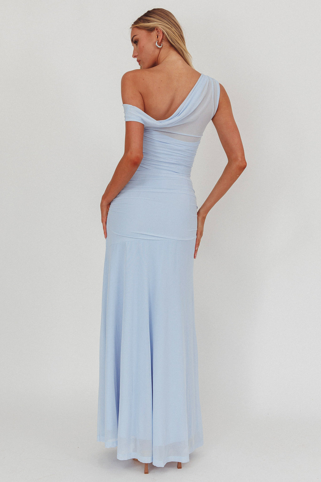 Lylah Asymmetric Neckline Mesh Maxi Dress Ice Blue by Selfie Leslie Australia