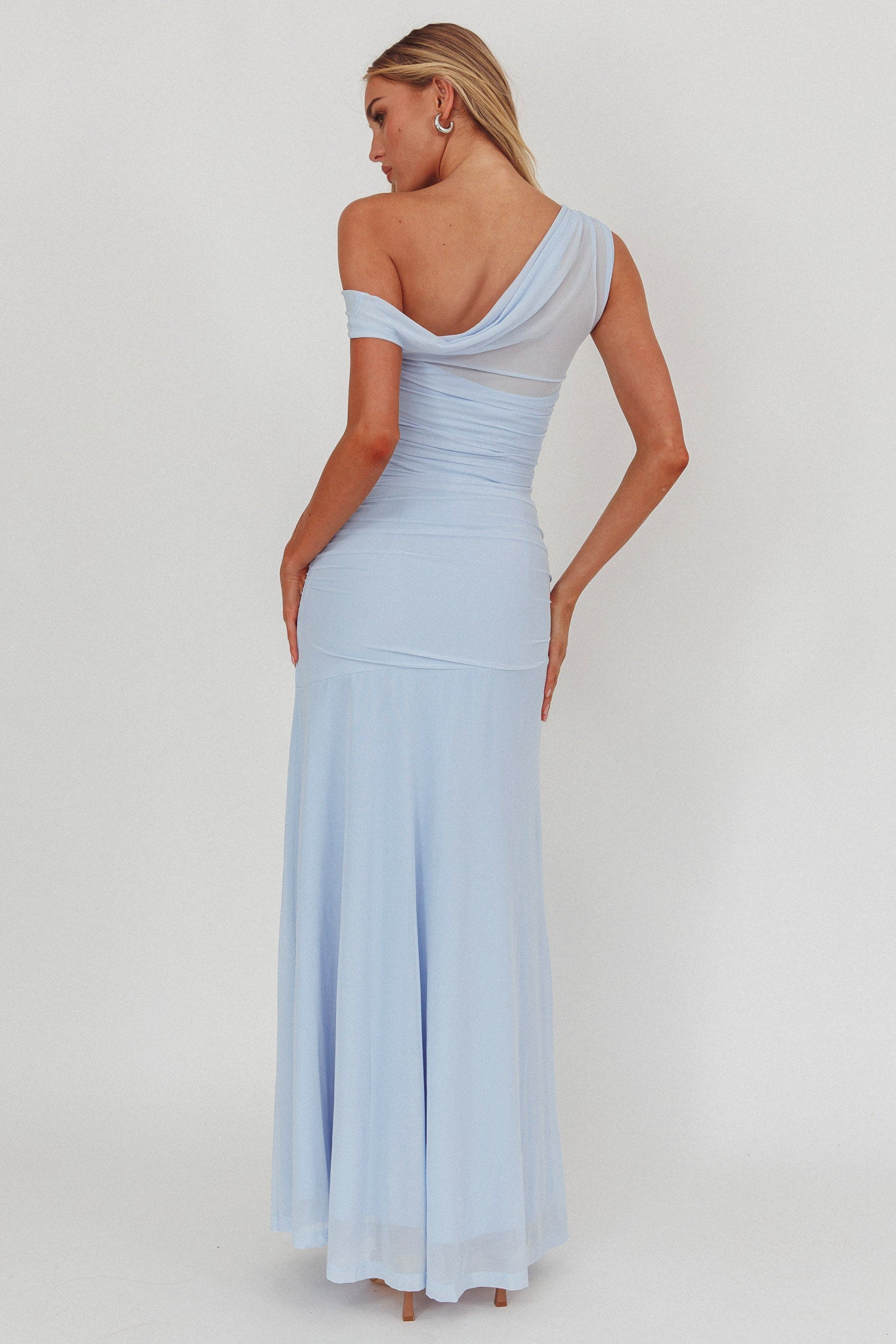 Lylah Asymmetric Neckline Mesh Maxi Dress Ice Blue by Selfie Leslie Australia