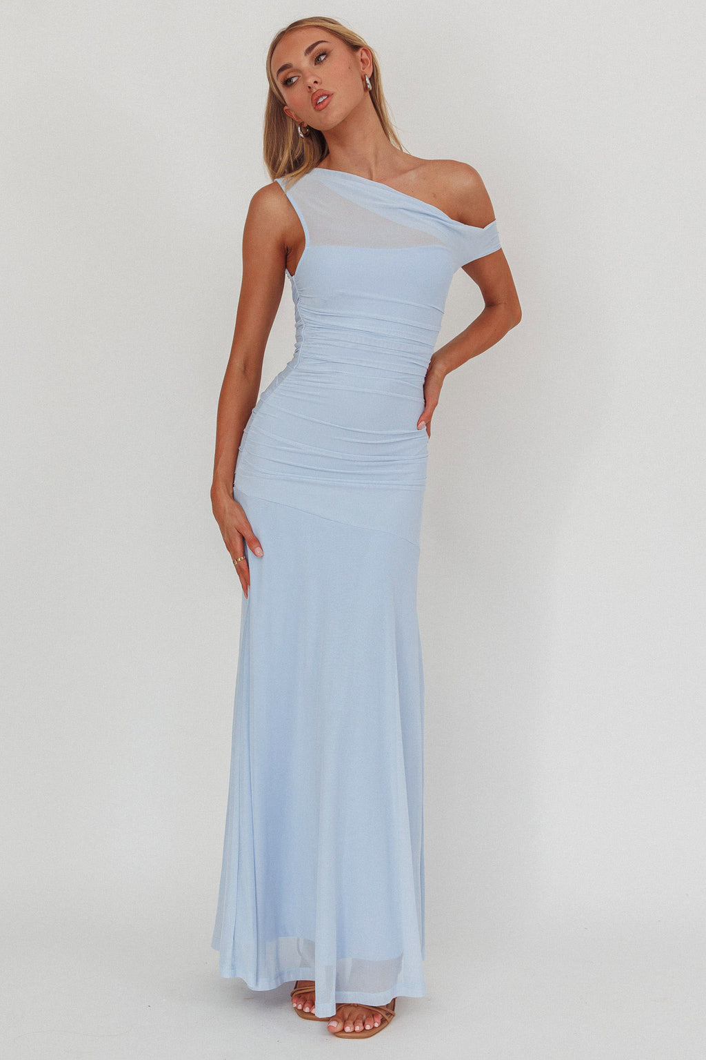Lylah Asymmetric Neckline Mesh Maxi Dress Ice Blue by Selfie Leslie Australia