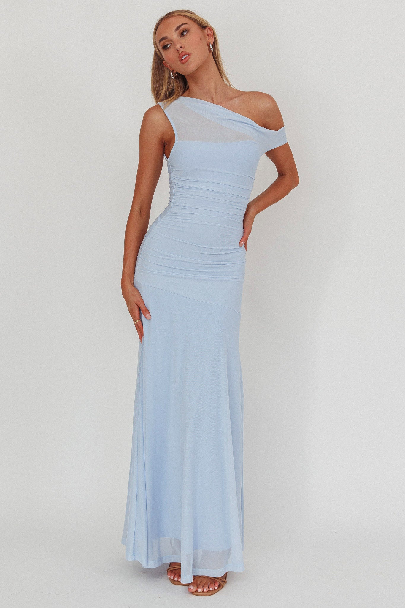 Lylah Asymmetric Neckline Mesh Maxi Dress Ice Blue by Selfie Leslie Australia