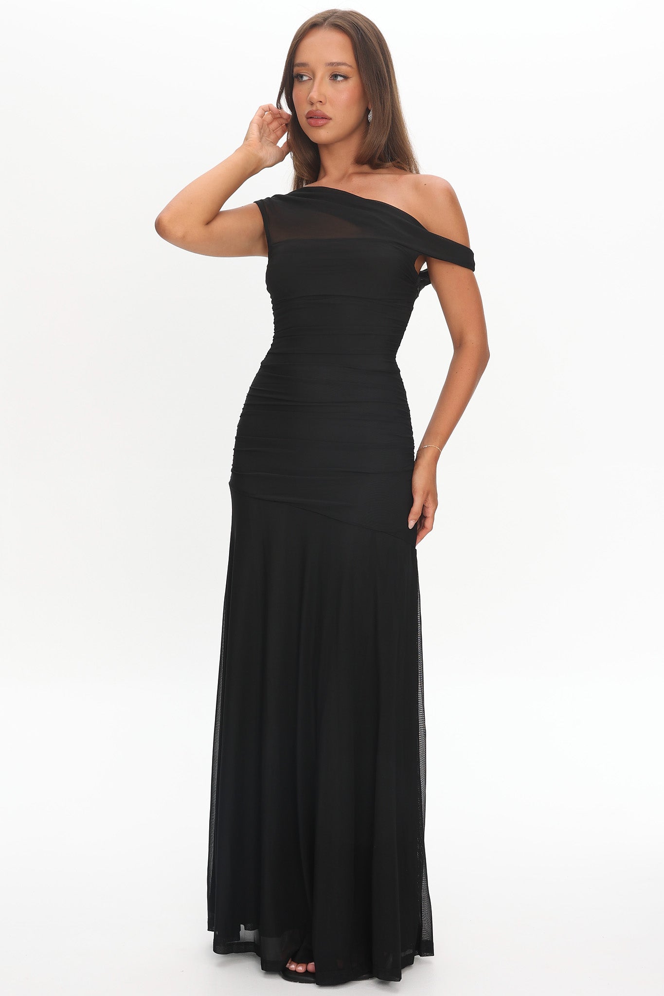 Lylah Asymmetric Neckline Mesh Maxi Dress Black by Selfie Leslie Australia