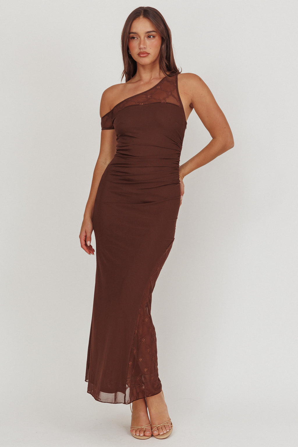 Sher One-Shoulder Lace Panel Maxi Dress Chocolate by Selfie Leslie Australia