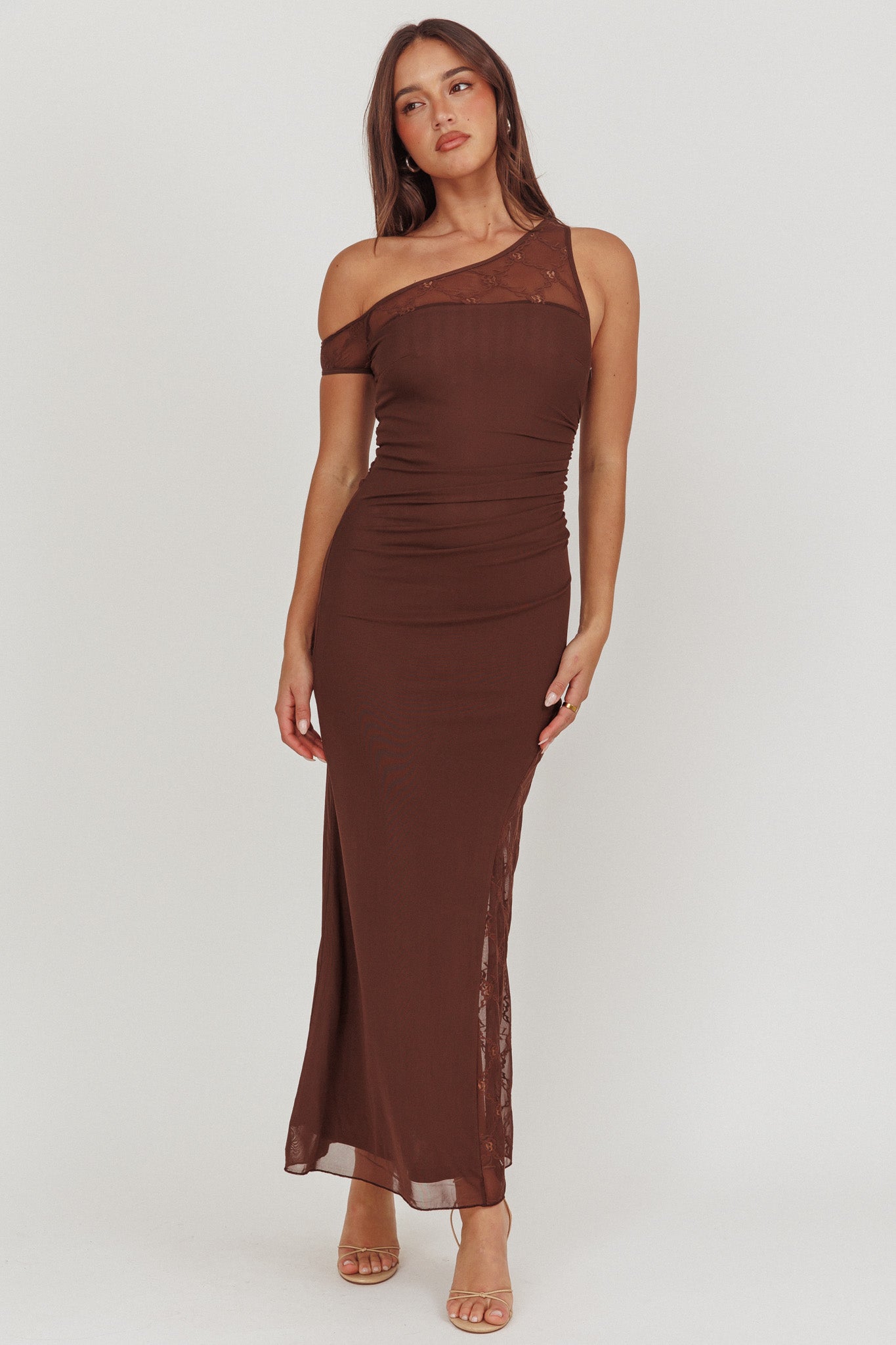 Sher One-Shoulder Lace Panel Maxi Dress Chocolate by Selfie Leslie Australia