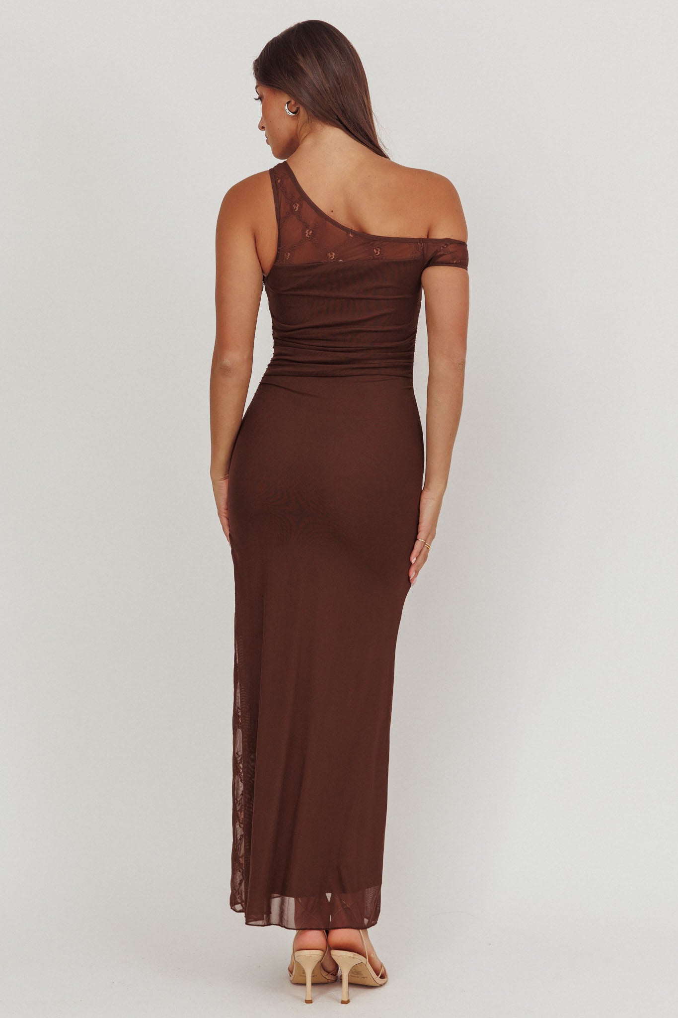 Sher One-Shoulder Lace Panel Maxi Dress Chocolate by Selfie Leslie Australia
