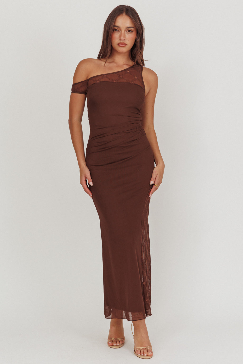 Sher One-Shoulder Lace Panel Maxi Dress Chocolate by Selfie Leslie Australia