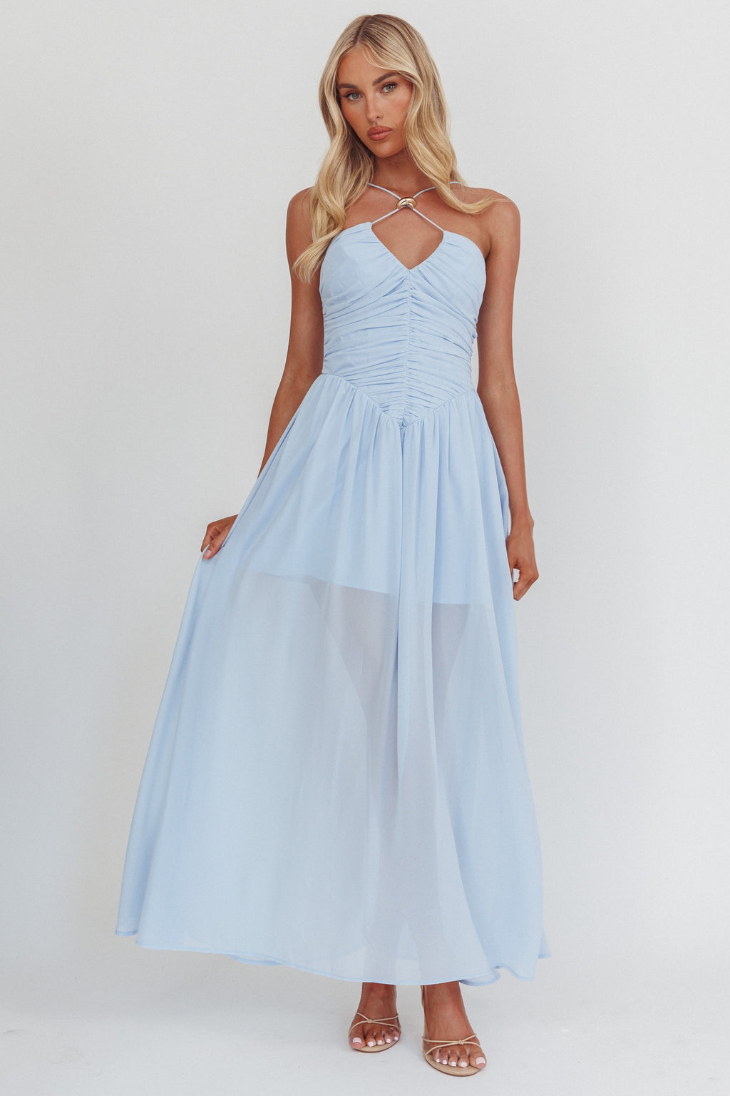 The Dreamers Ruched Basque Waist Maxi Dress Blue by Selfie Leslie Australia