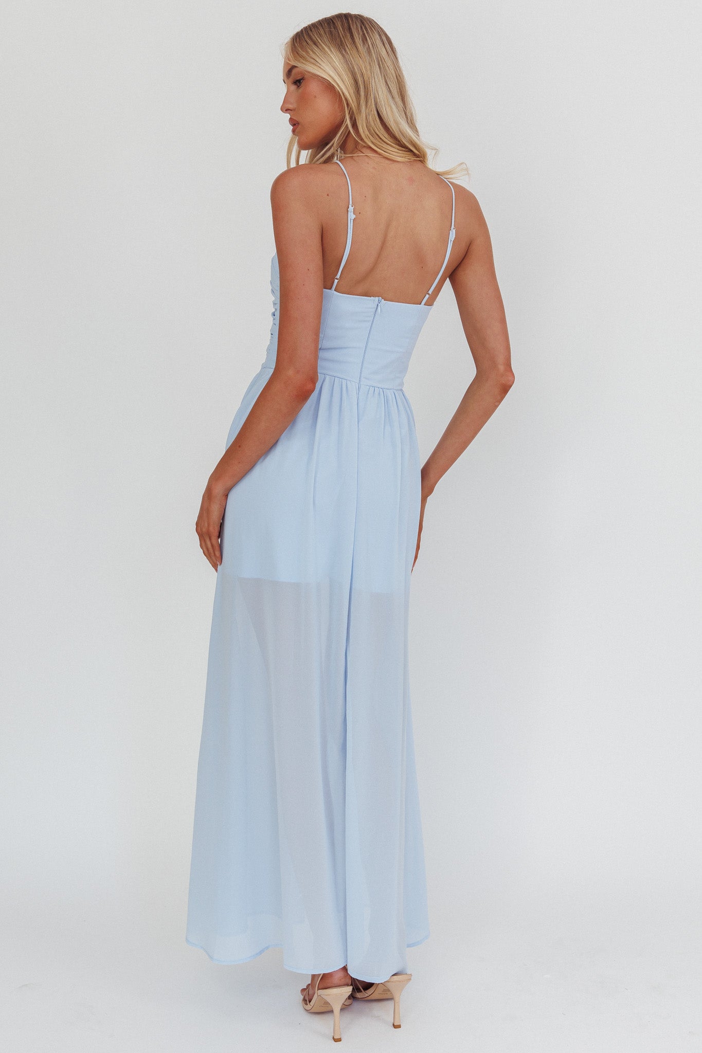The Dreamers Ruched Basque Waist Maxi Dress Blue by Selfie Leslie Australia