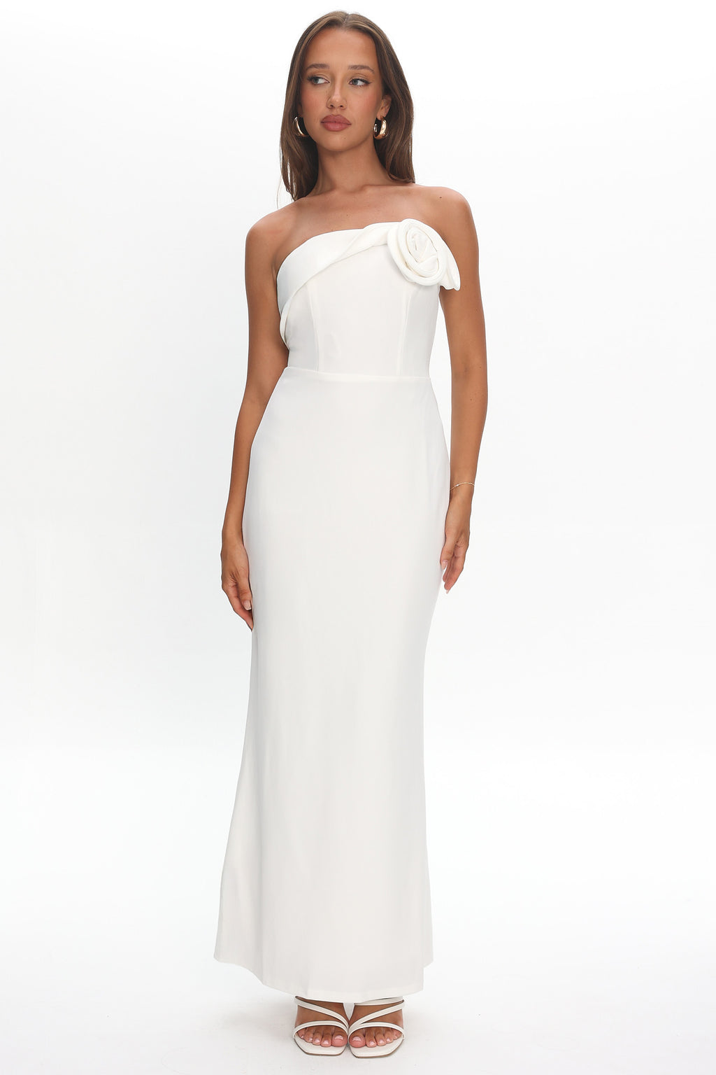 Amellia Off-Shoulder Rosette Maxi Dress White by Selfie Leslie Australia