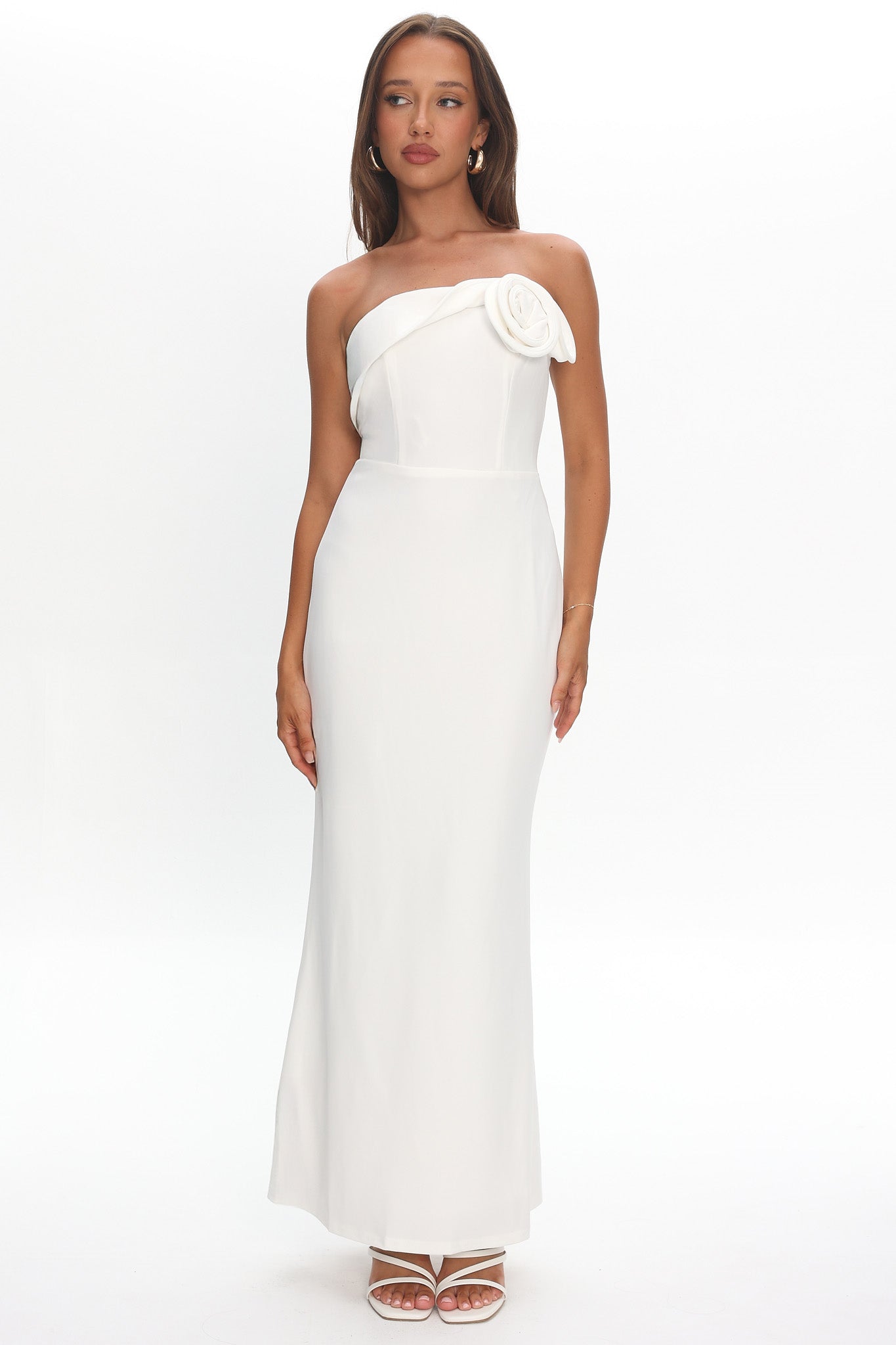 Amellia Off-Shoulder Rosette Maxi Dress White by Selfie Leslie Australia