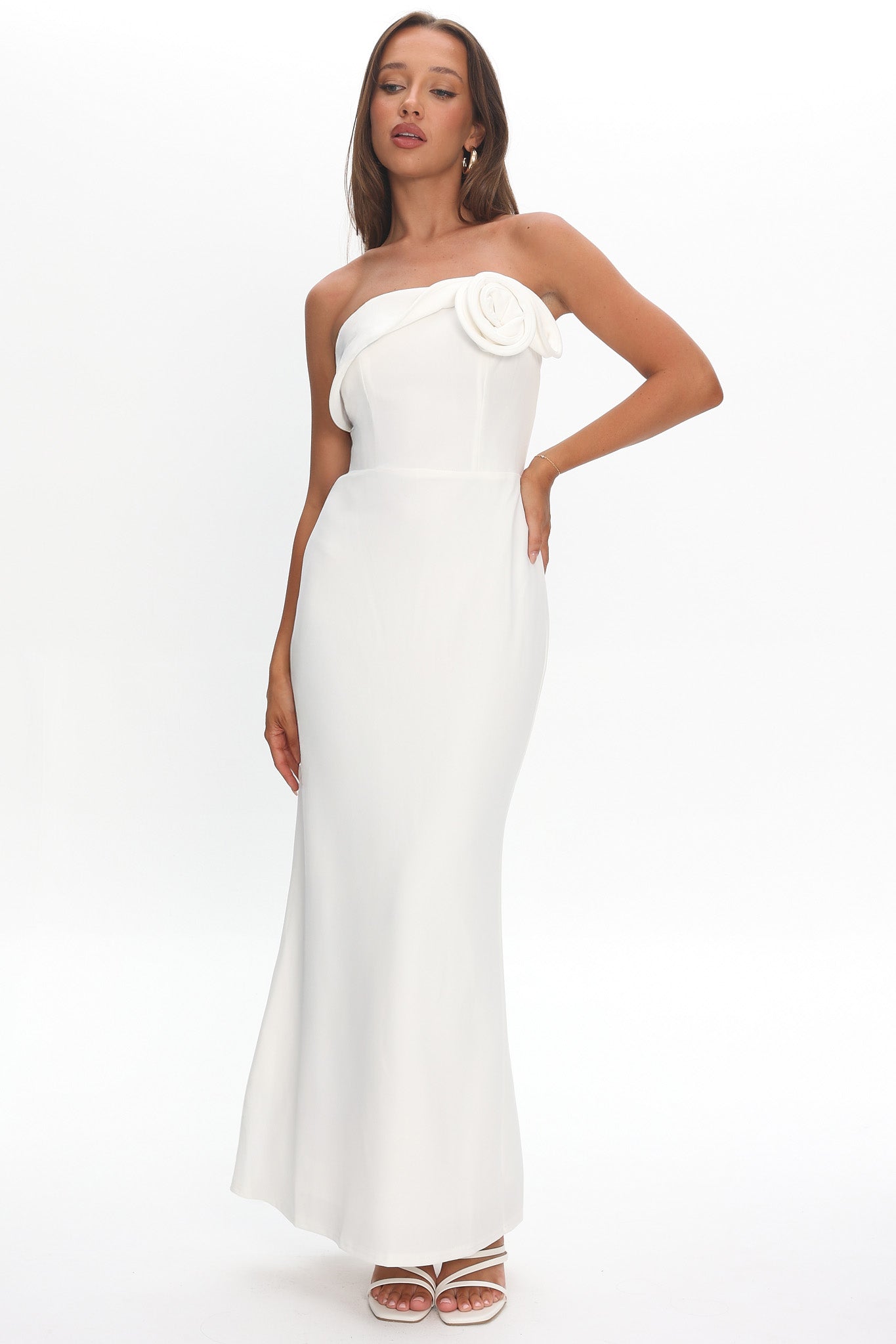 Amellia Off-Shoulder Rosette Maxi Dress White by Selfie Leslie Australia