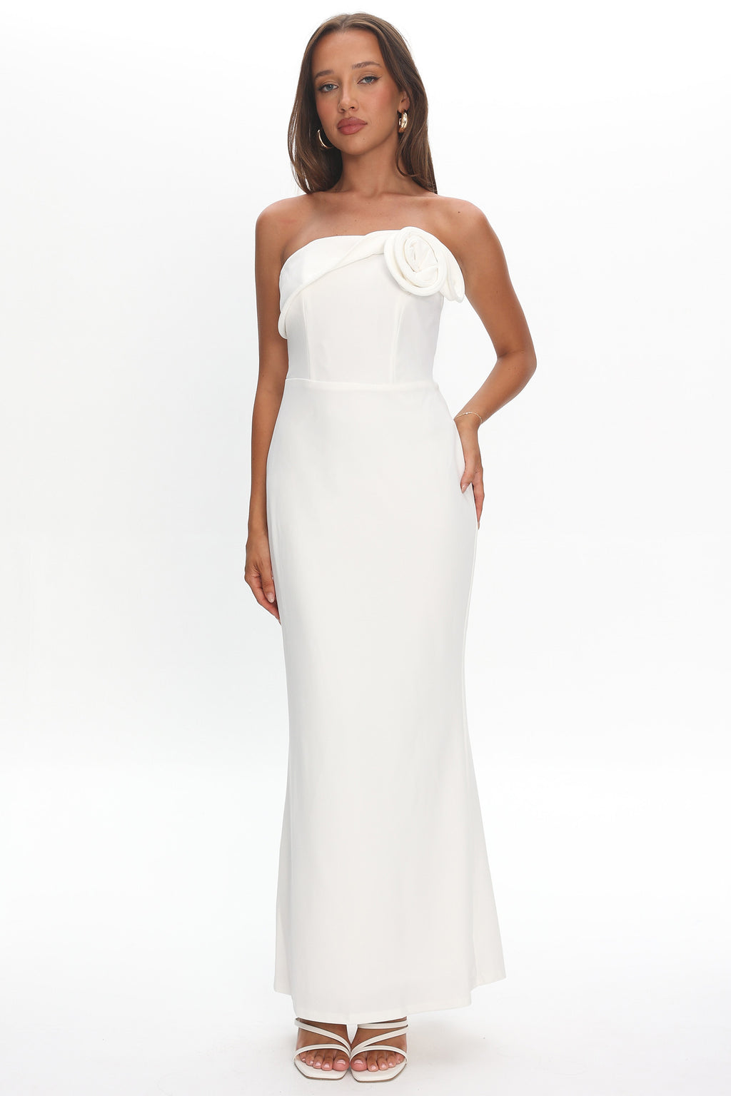 Amellia Off-Shoulder Rosette Maxi Dress White by Selfie Leslie Australia