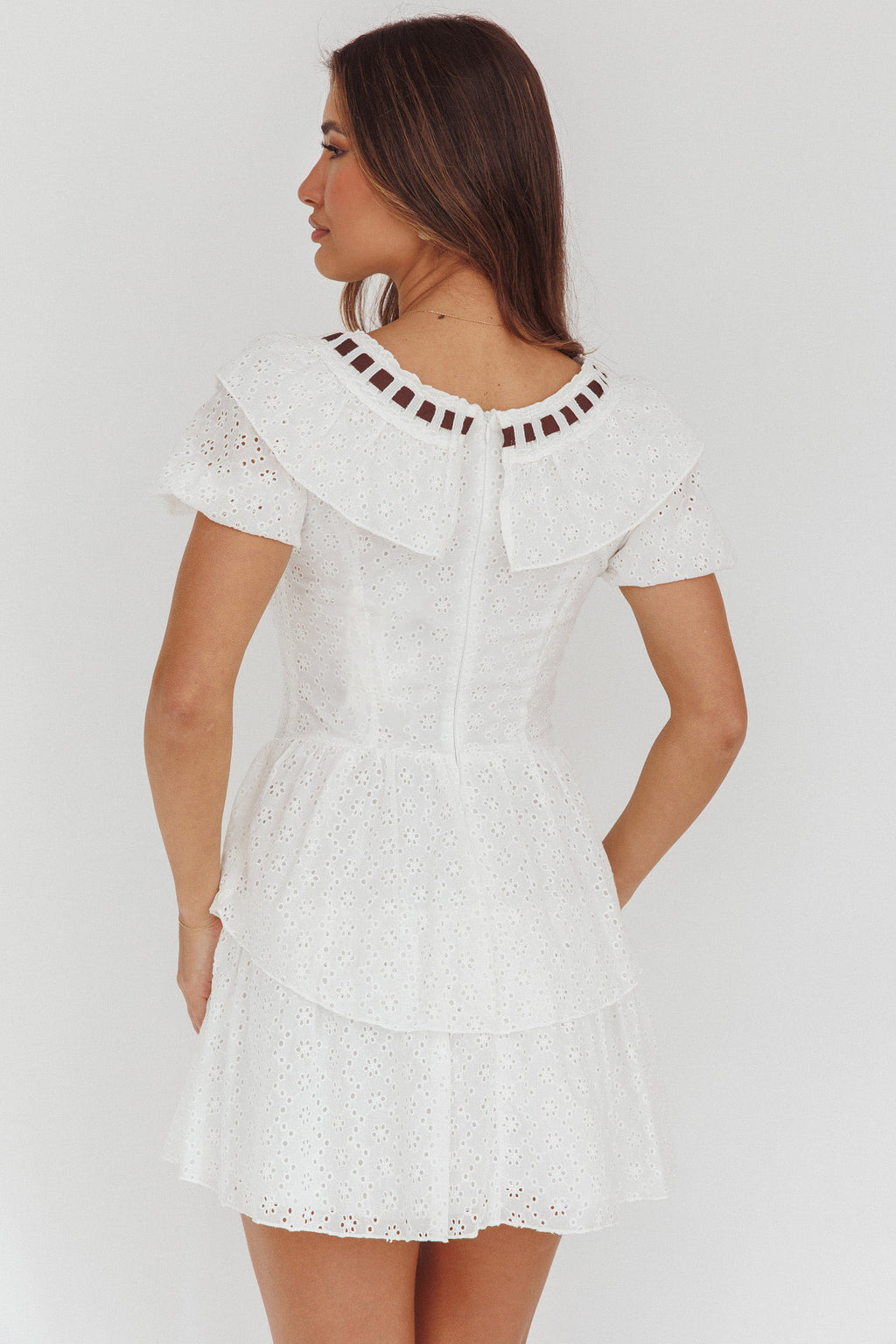 Rayelle Puff Sleeve Ruffle Eyelet Embroidery Mini Dress White by Selfie Leslie Australia