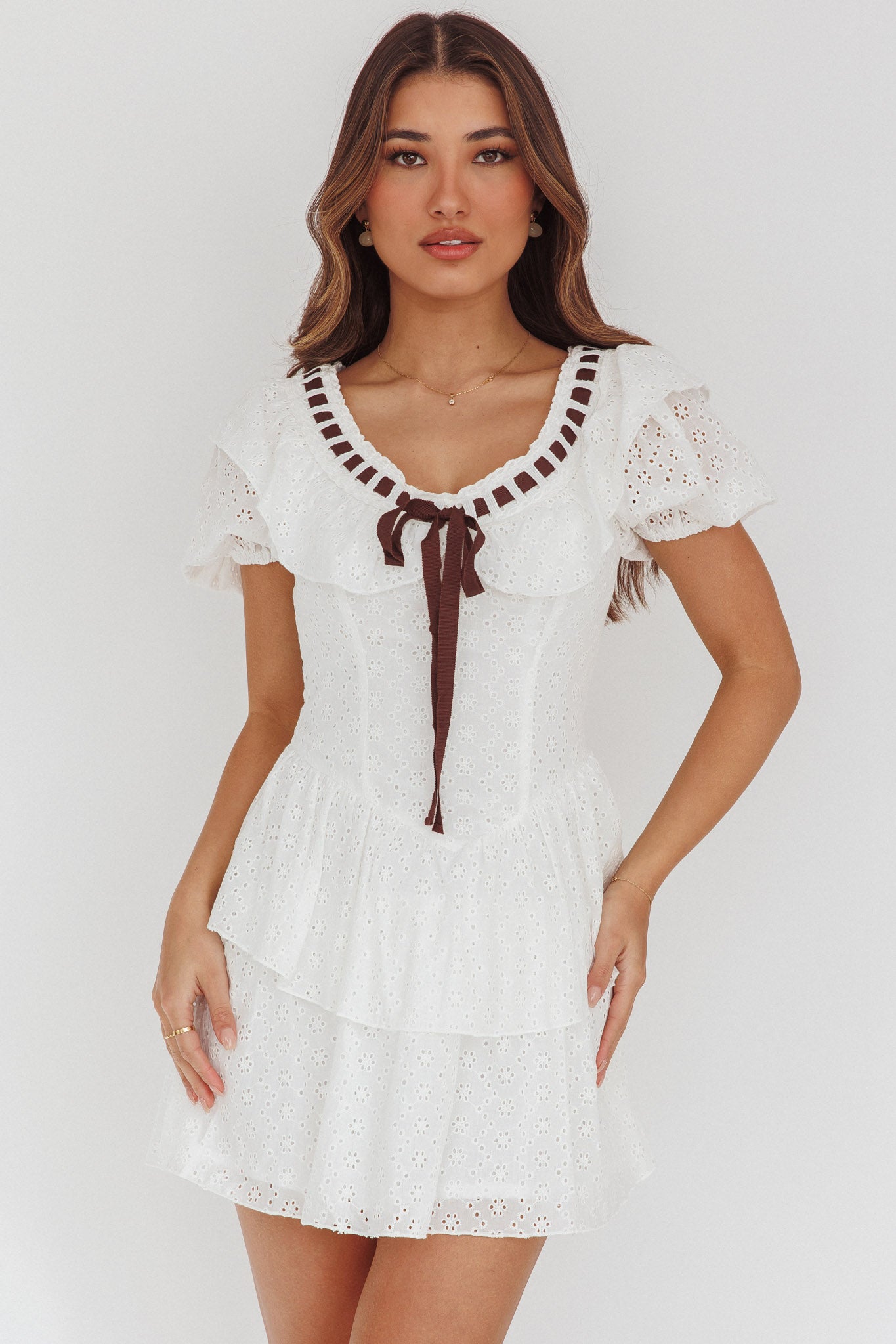 Rayelle Puff Sleeve Ruffle Eyelet Embroidery Mini Dress White by Selfie Leslie Australia