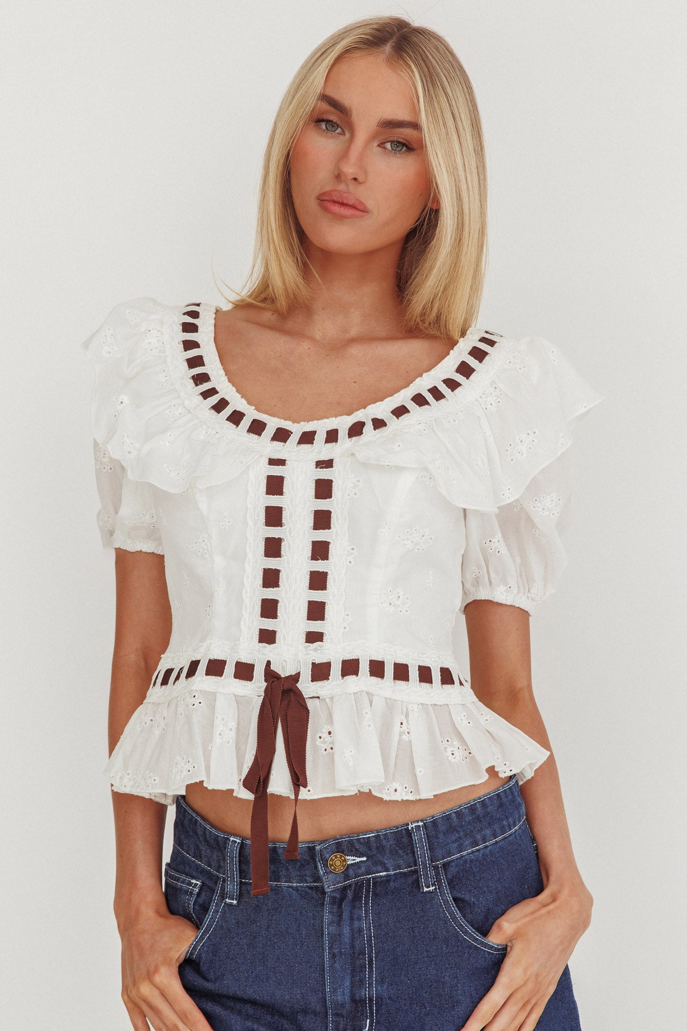 Solea Frill Collar Eyelet Top White by Selfie Leslie Australia