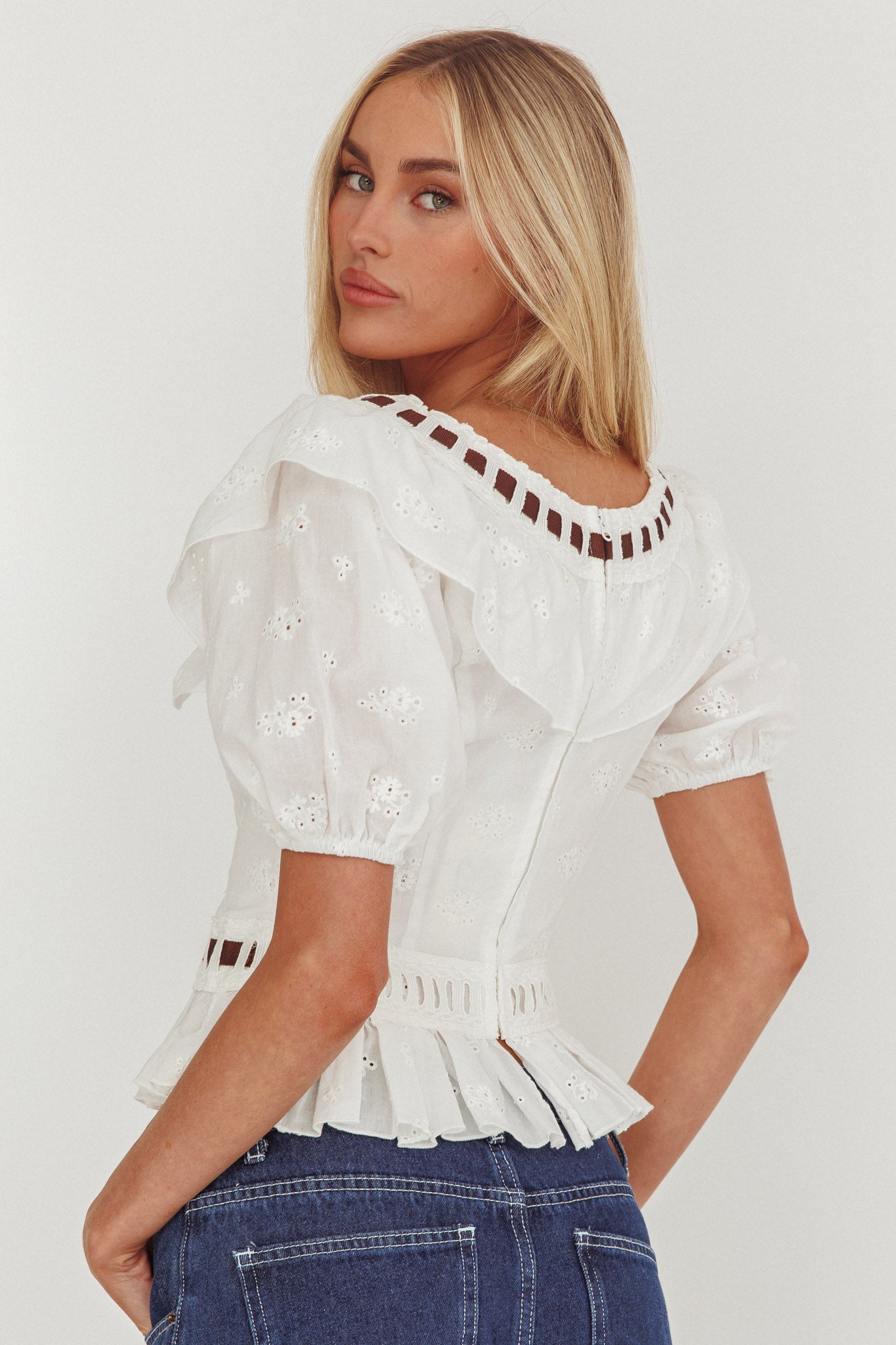 Solea Frill Collar Eyelet Top White by Selfie Leslie Australia