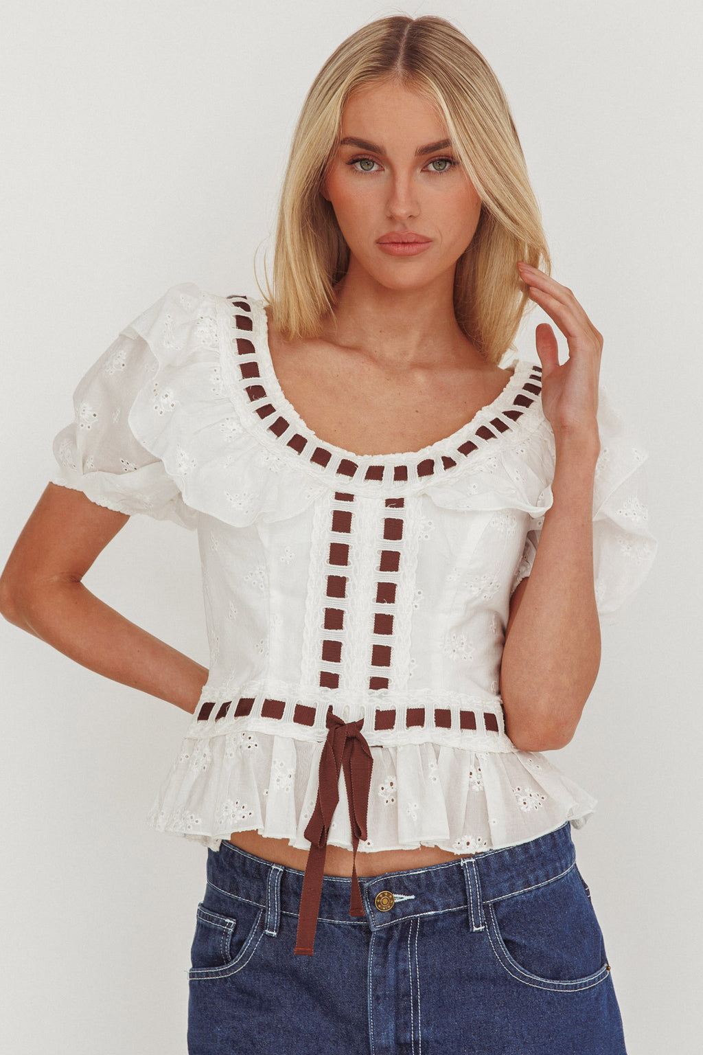 Solea Frill Collar Eyelet Top White by Selfie Leslie Australia