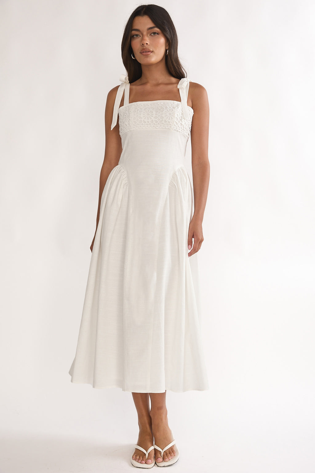 Morgana Tied Shoulder Applique Midi Dress Off White by Selfie Leslie Australia