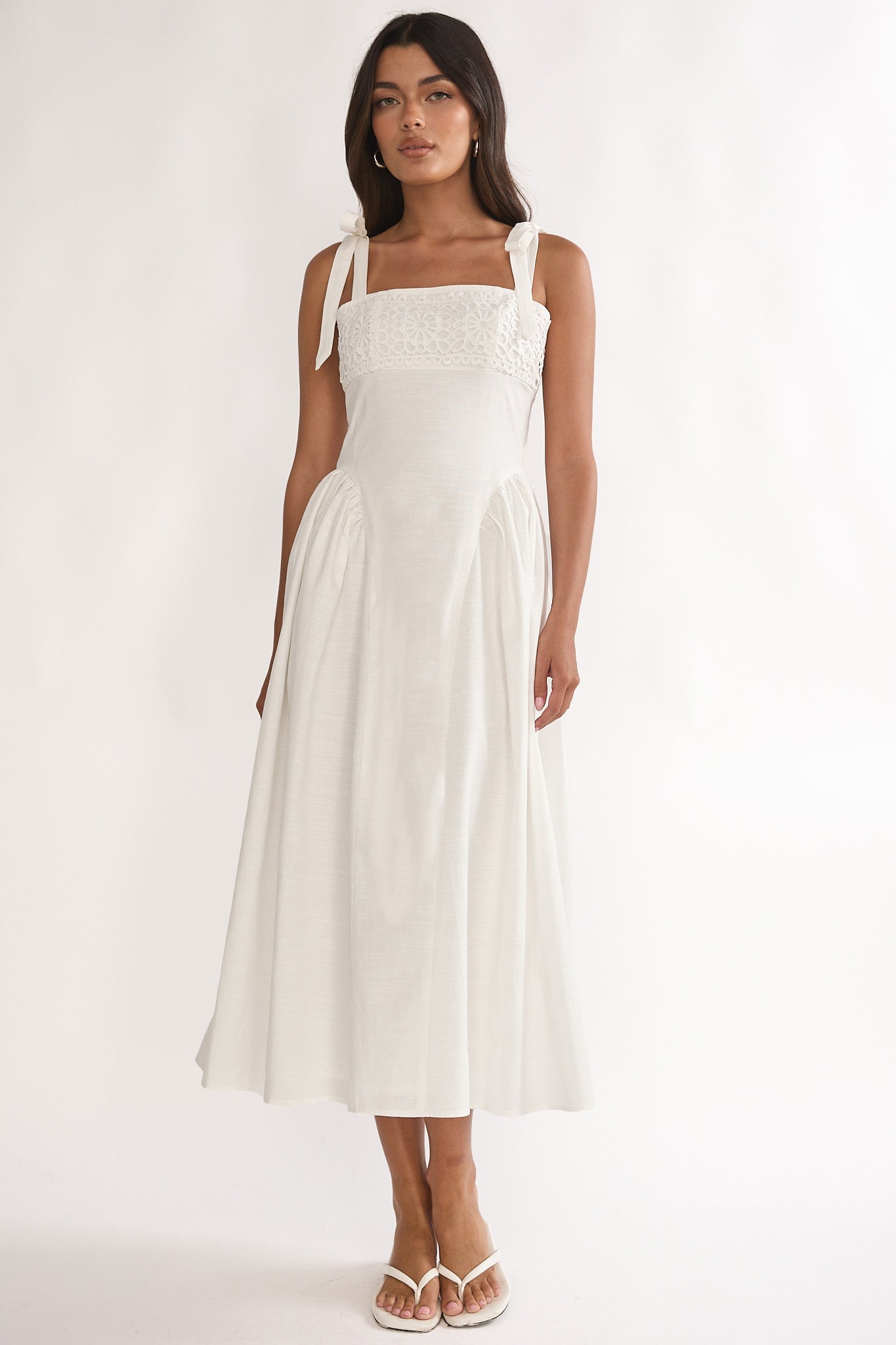 Morgana Tied Shoulder Applique Midi Dress Off White by Selfie Leslie Australia