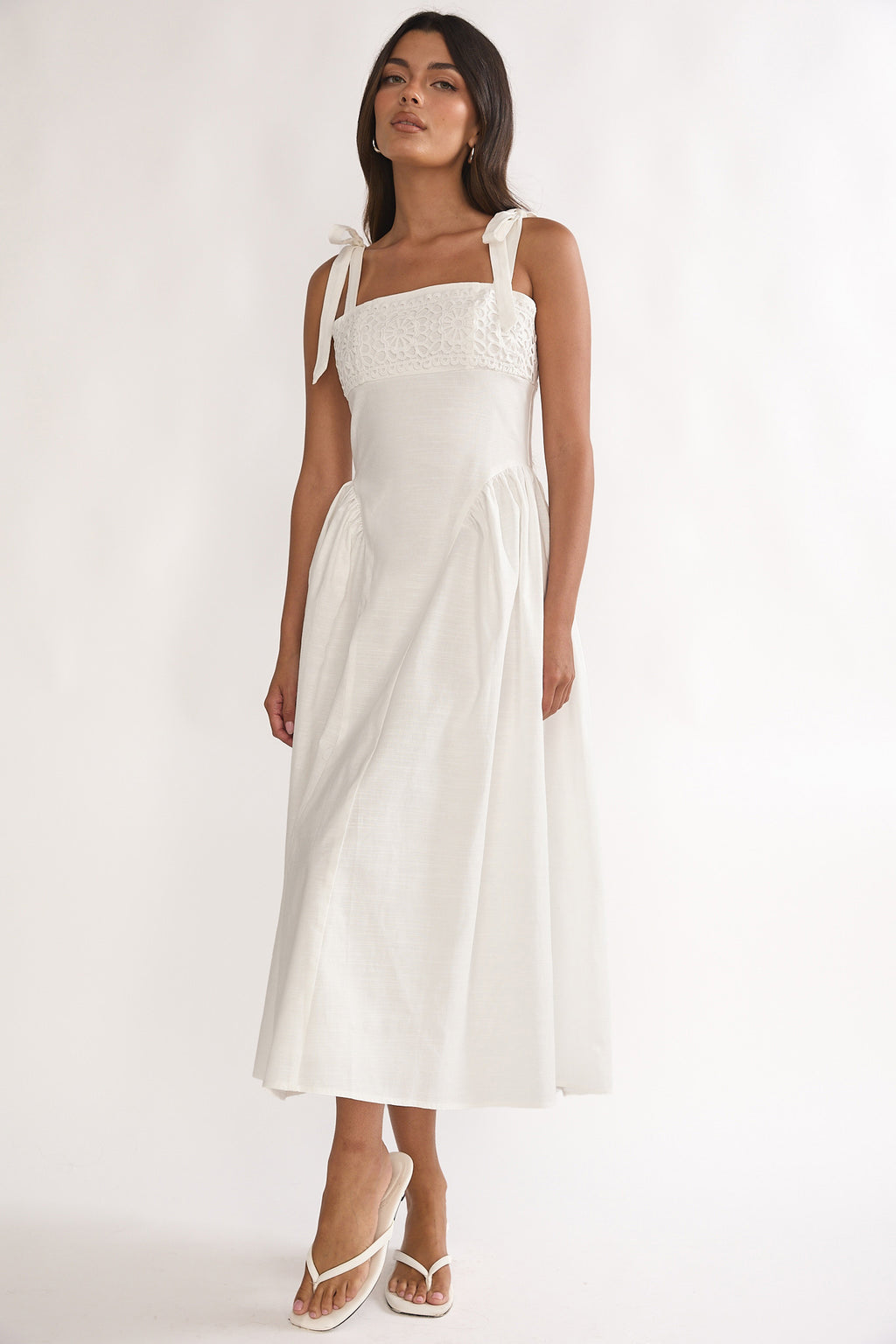 Morgana Tied Shoulder Applique Midi Dress Off White by Selfie Leslie Australia