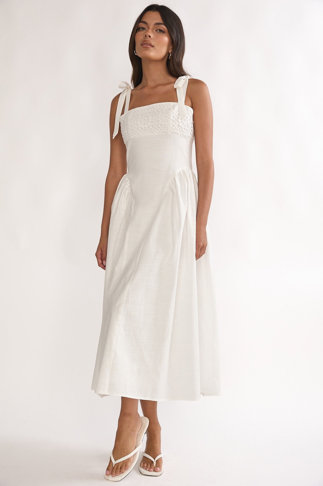 Morgana Tied Shoulder Applique Midi Dress Off White by Selfie Leslie Australia