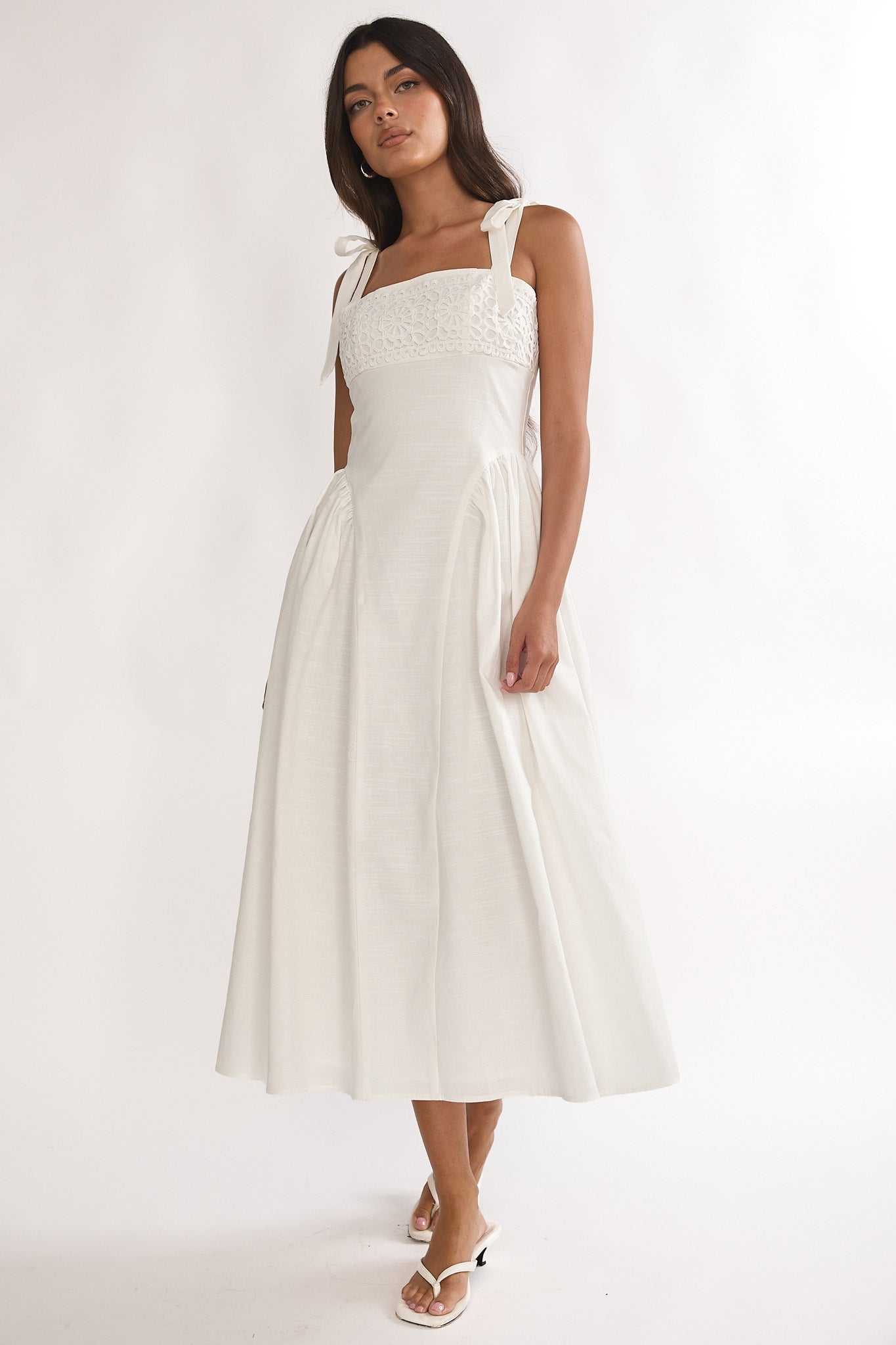 Morgana Tied Shoulder Applique Midi Dress Off White by Selfie Leslie Australia