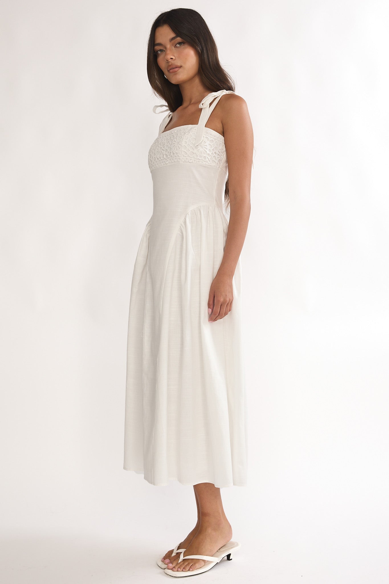 Morgana Tied Shoulder Applique Midi Dress Off White by Selfie Leslie Australia