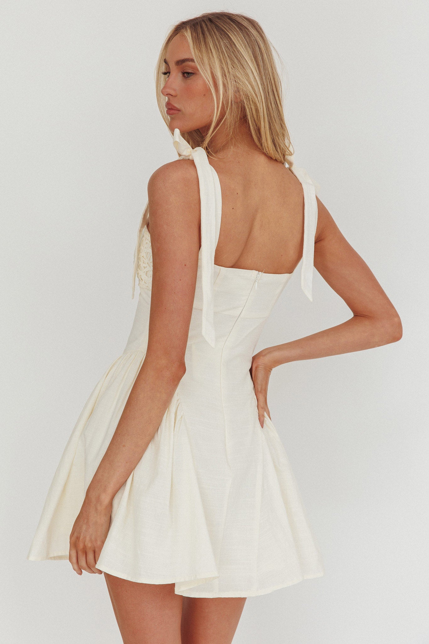 Morgana Tied Shoulder Applique Mini Dress White by Selfie Leslie Australia