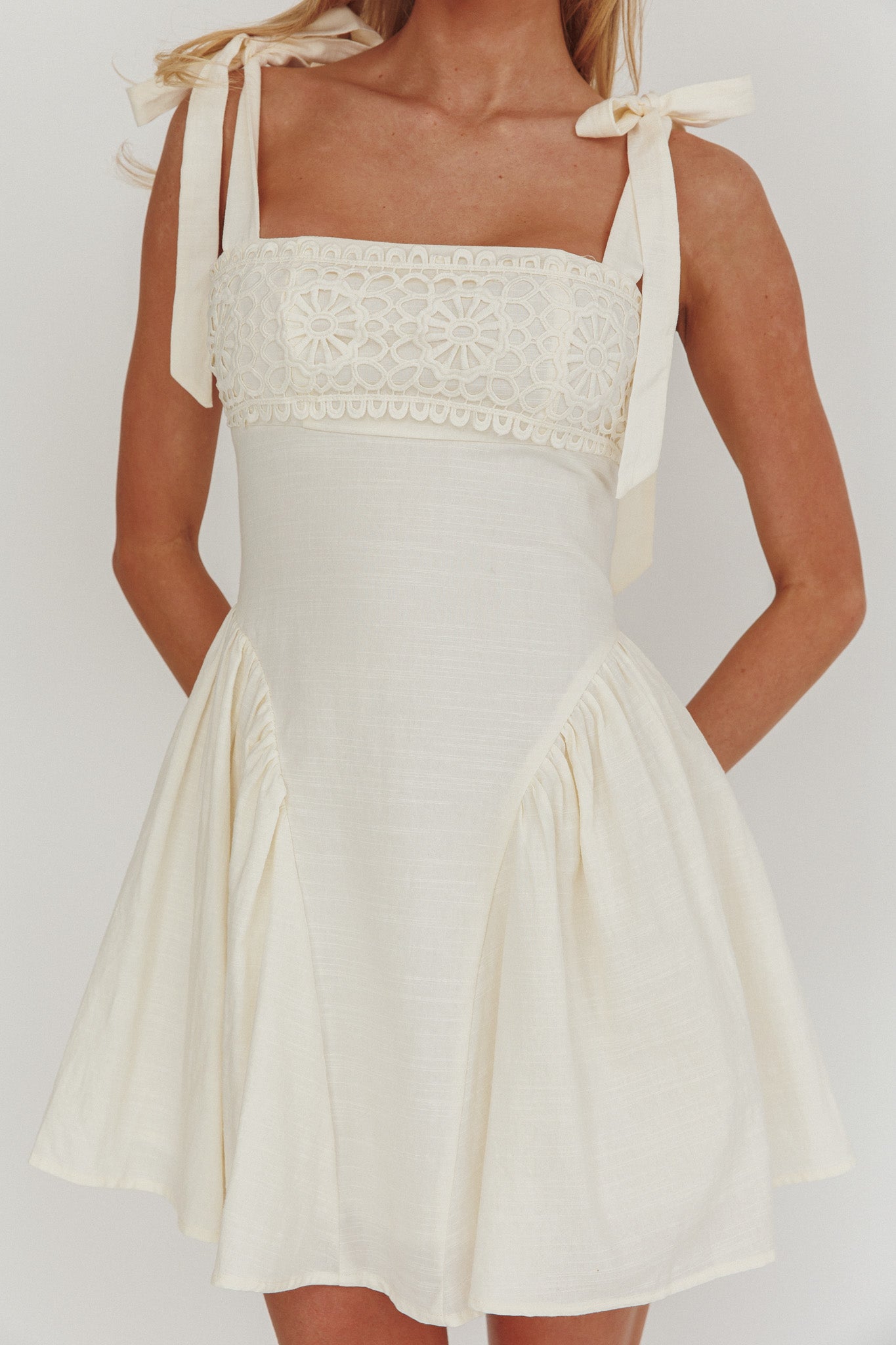 Morgana Tied Shoulder Applique Mini Dress White by Selfie Leslie Australia