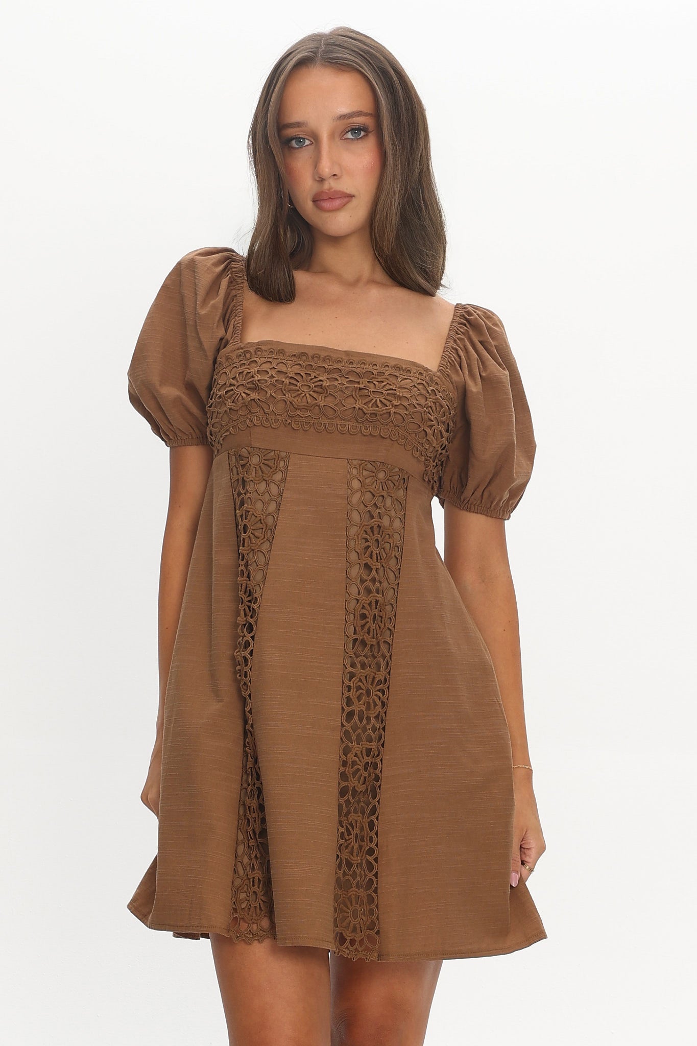 Highlight Reels Puff Sleeve Lace Mini Dress Chocolate by Selfie Leslie Australia