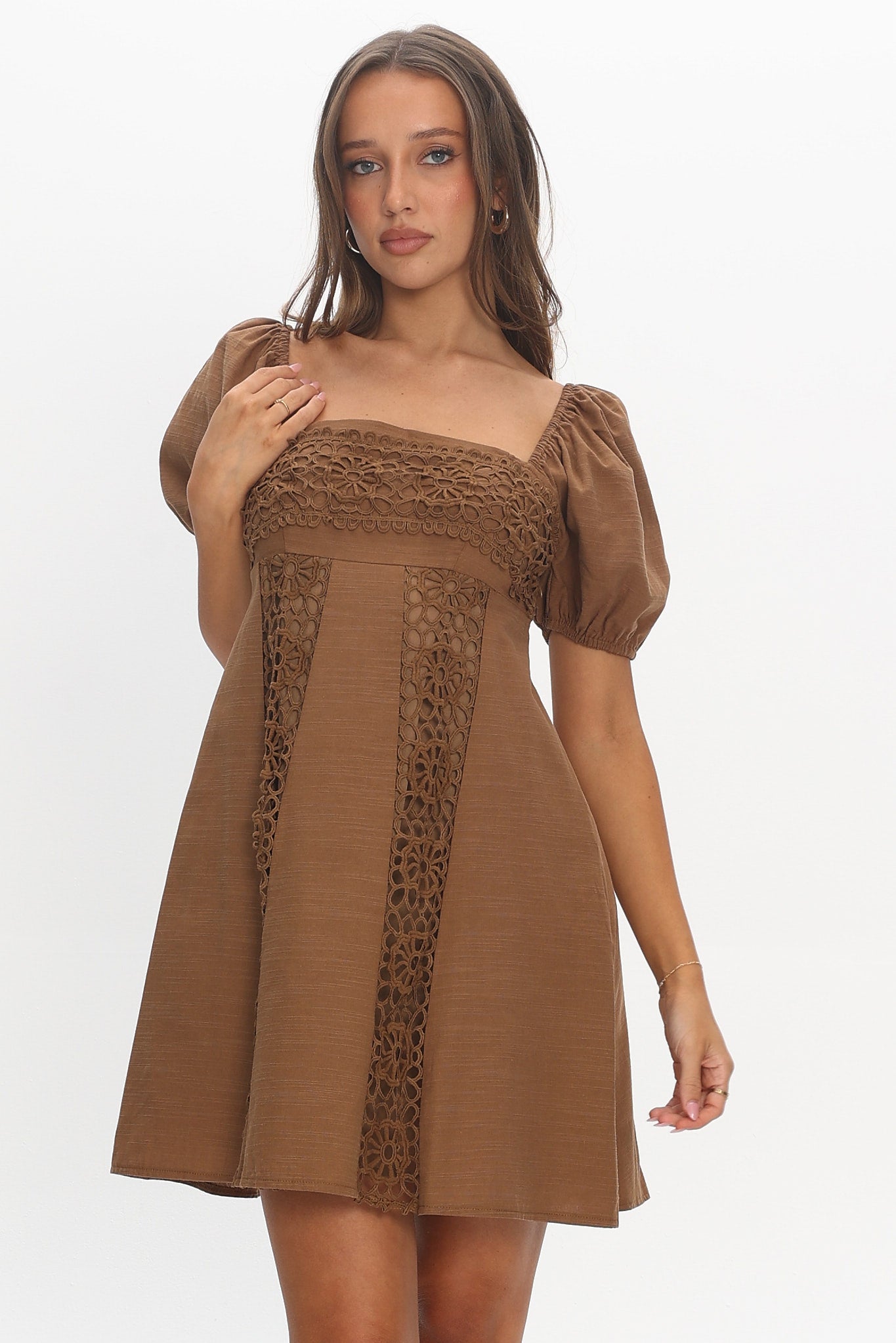 Highlight Reels Puff Sleeve Lace Mini Dress Chocolate by Selfie Leslie Australia