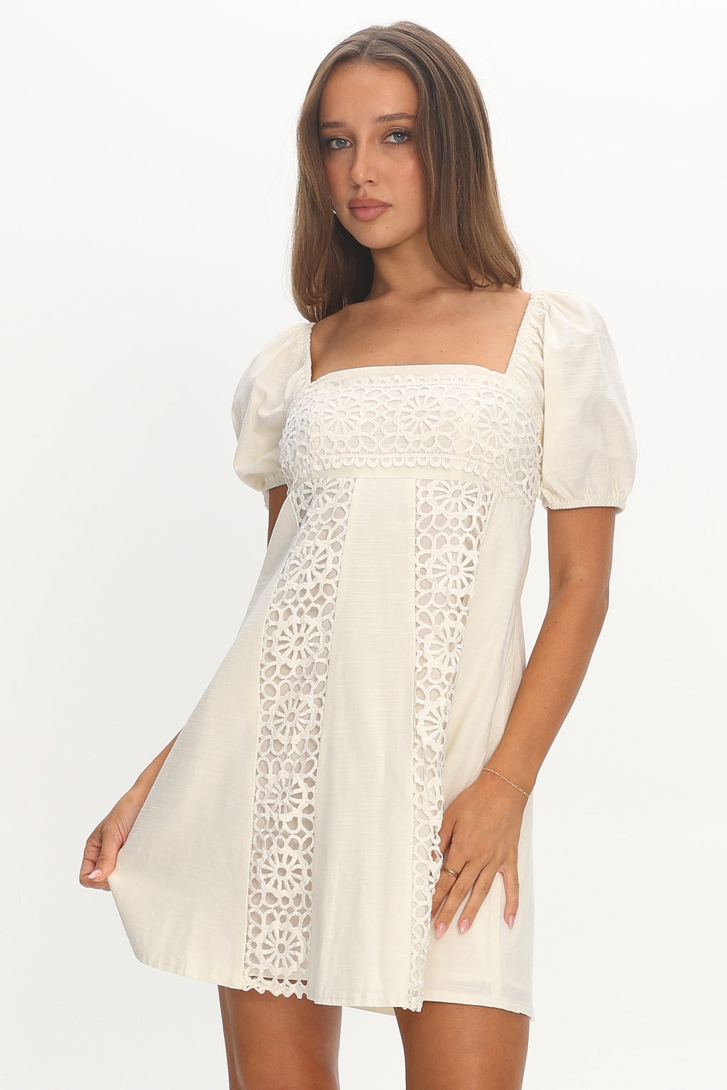 Highlight Reels Puff Sleeve Lace Mini Dress Cream by Selfie Leslie Australia