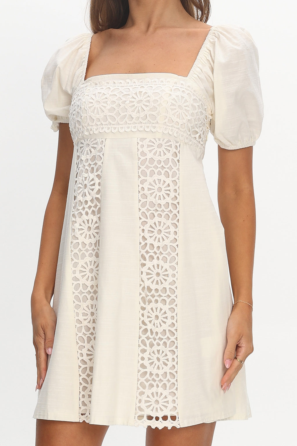 Highlight Reels Puff Sleeve Lace Mini Dress Cream by Selfie Leslie Australia
