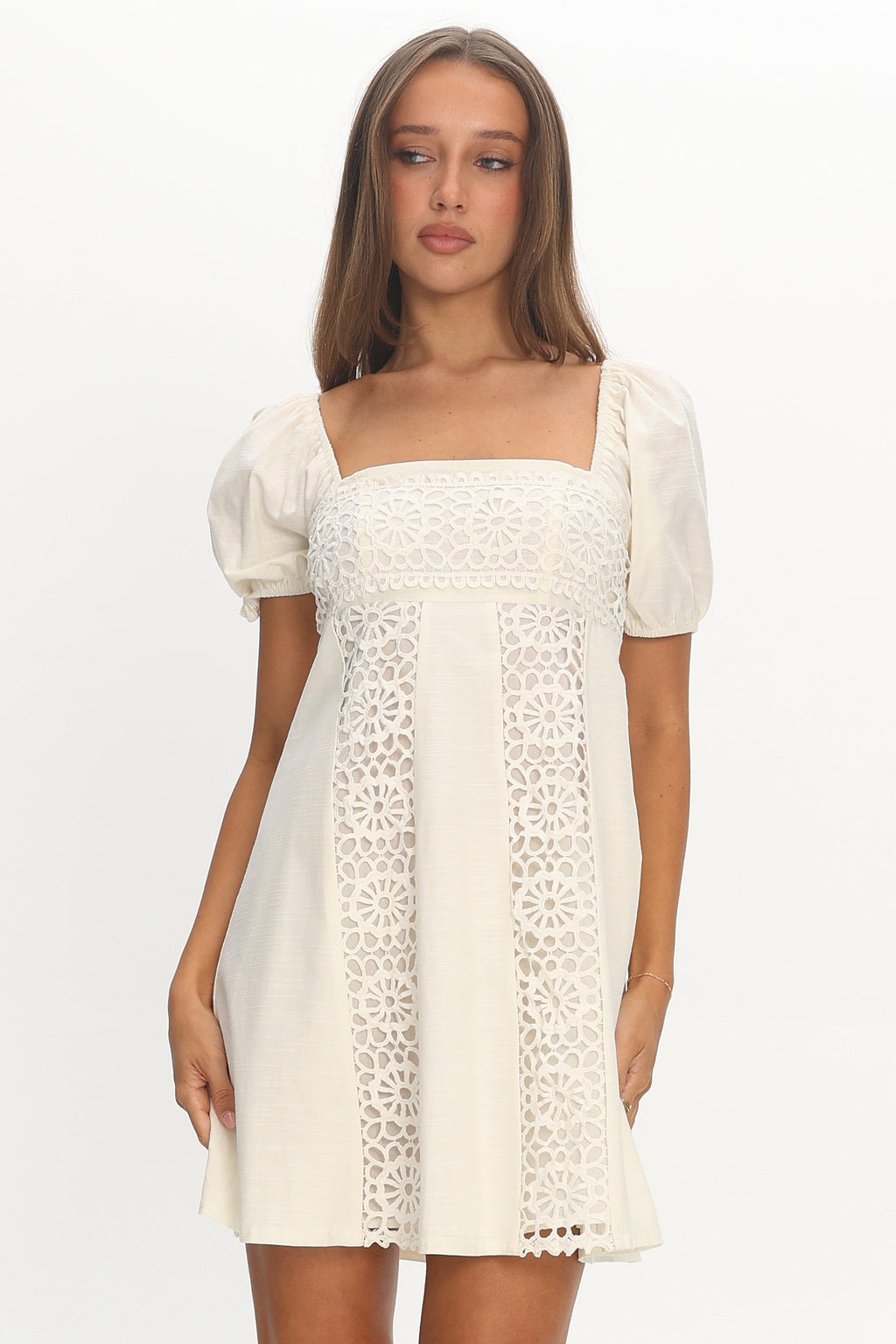 Highlight Reels Puff Sleeve Lace Mini Dress Cream by Selfie Leslie Australia
