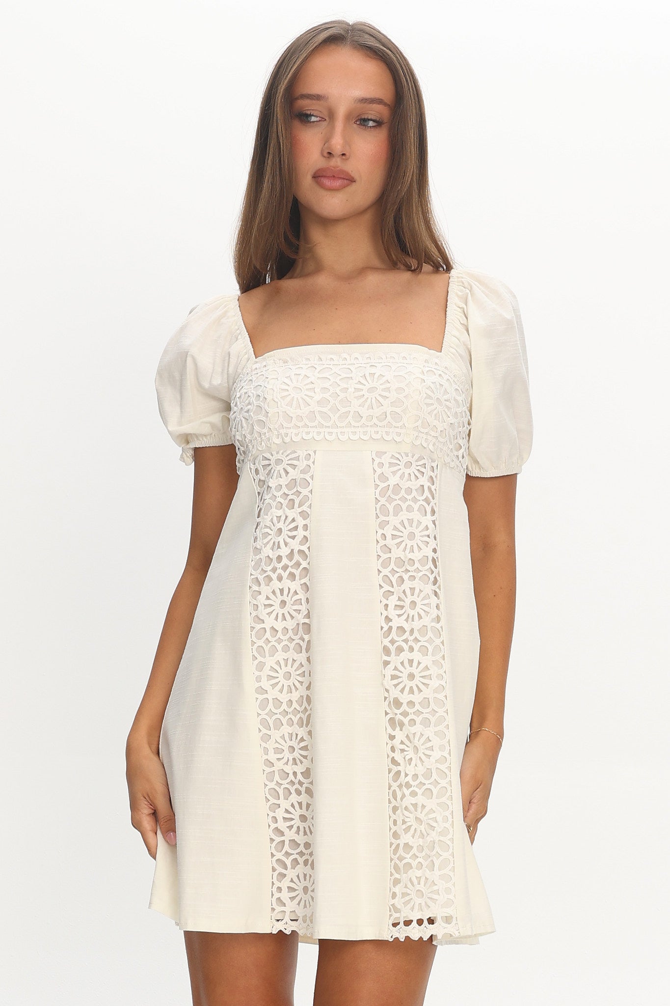 Highlight Reels Puff Sleeve Lace Mini Dress Cream by Selfie Leslie Australia
