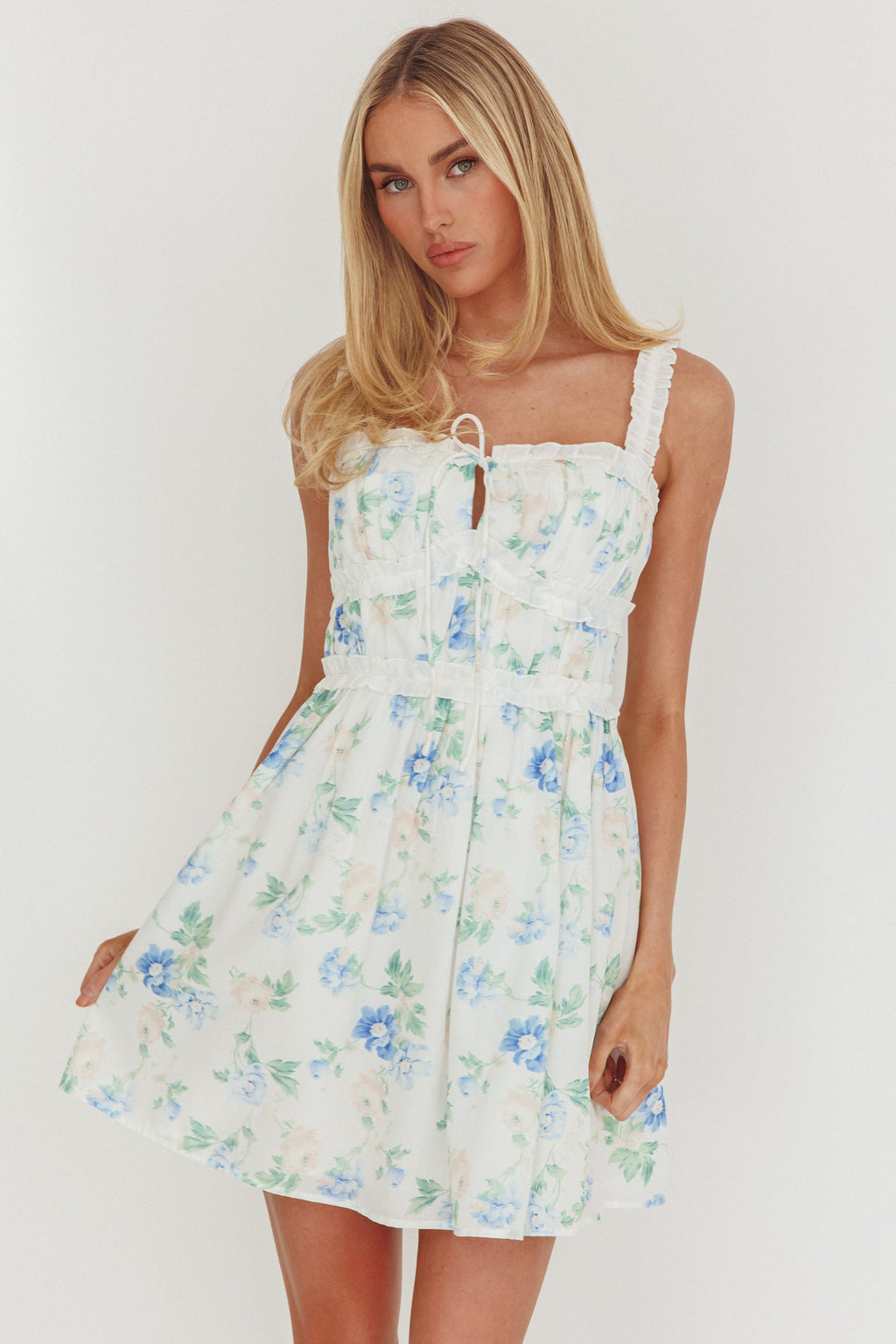 Jordanne Frill Trim Mini Dress Floral Blue by Selfie Leslie Australia