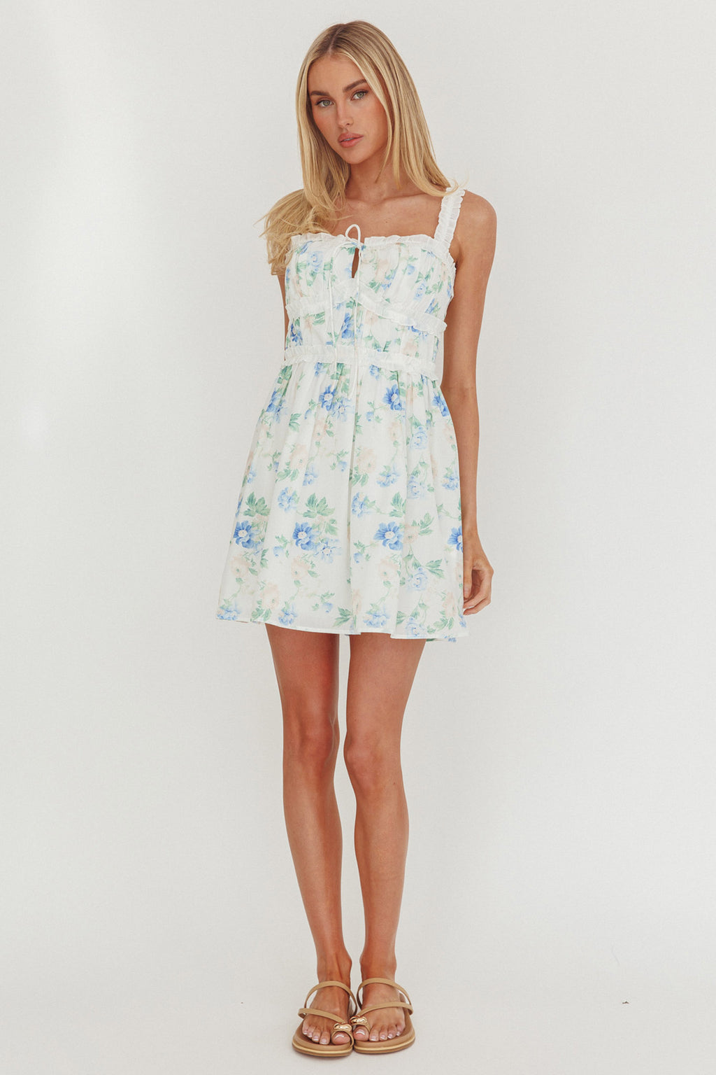 Jordanne Frill Trim Mini Dress Floral Blue by Selfie Leslie Australia
