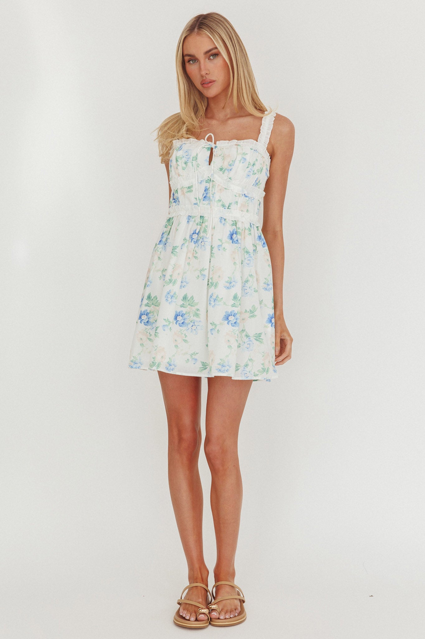 Jordanne Frill Trim Mini Dress Floral Blue by Selfie Leslie Australia