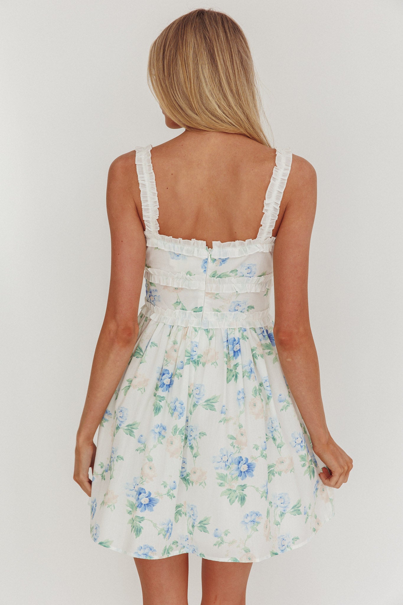 Jordanne Frill Trim Mini Dress Floral Blue by Selfie Leslie Australia