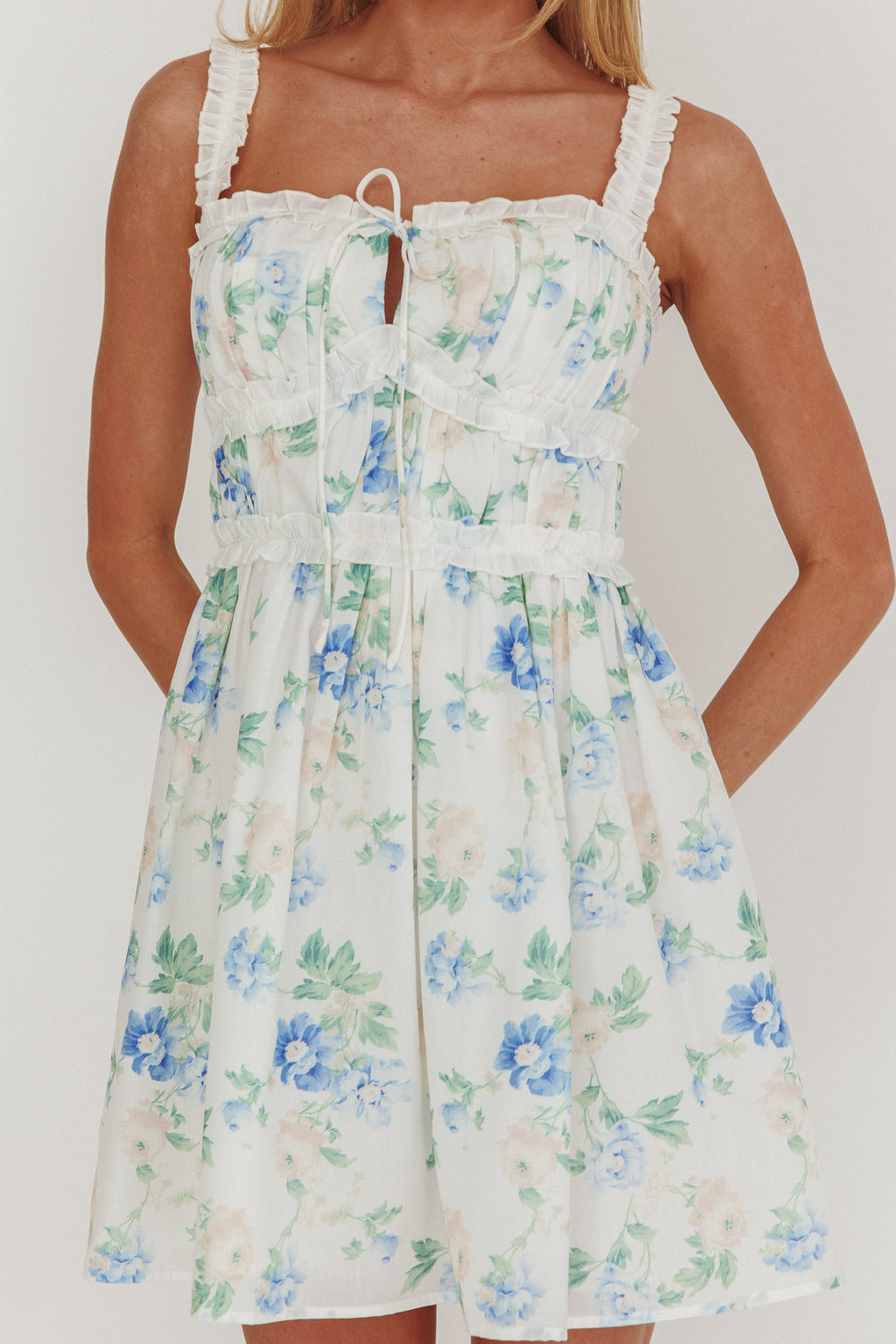 Jordanne Frill Trim Mini Dress Floral Blue by Selfie Leslie Australia