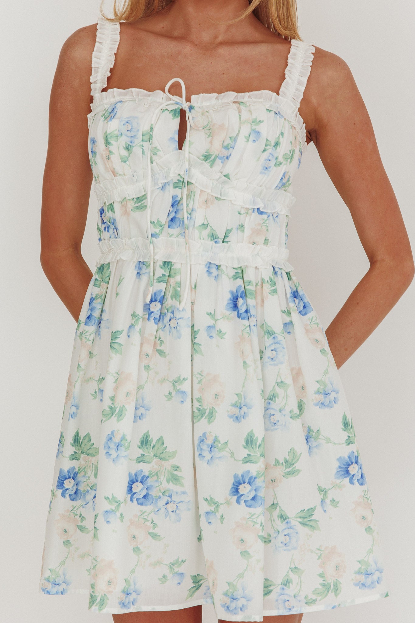 Jordanne Frill Trim Mini Dress Floral Blue by Selfie Leslie Australia