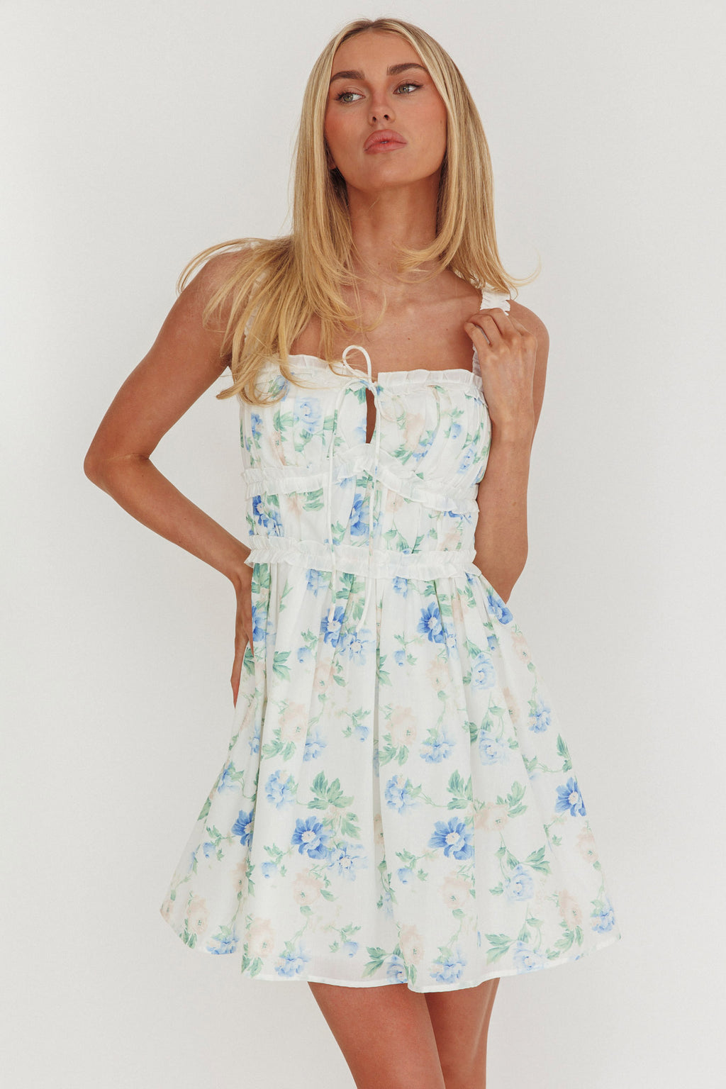 Jordanne Frill Trim Mini Dress Floral Blue by Selfie Leslie Australia