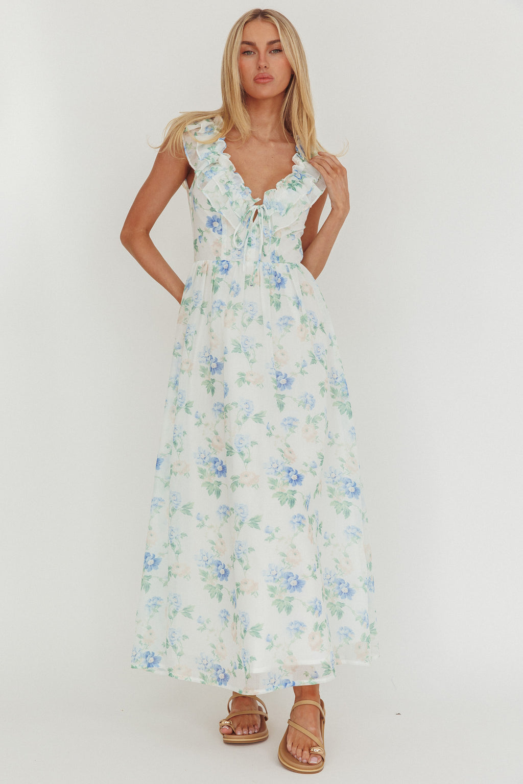 Spring Harvest Frill Neckline Maxi Dress Floral Blue by Selfie Leslie Australia