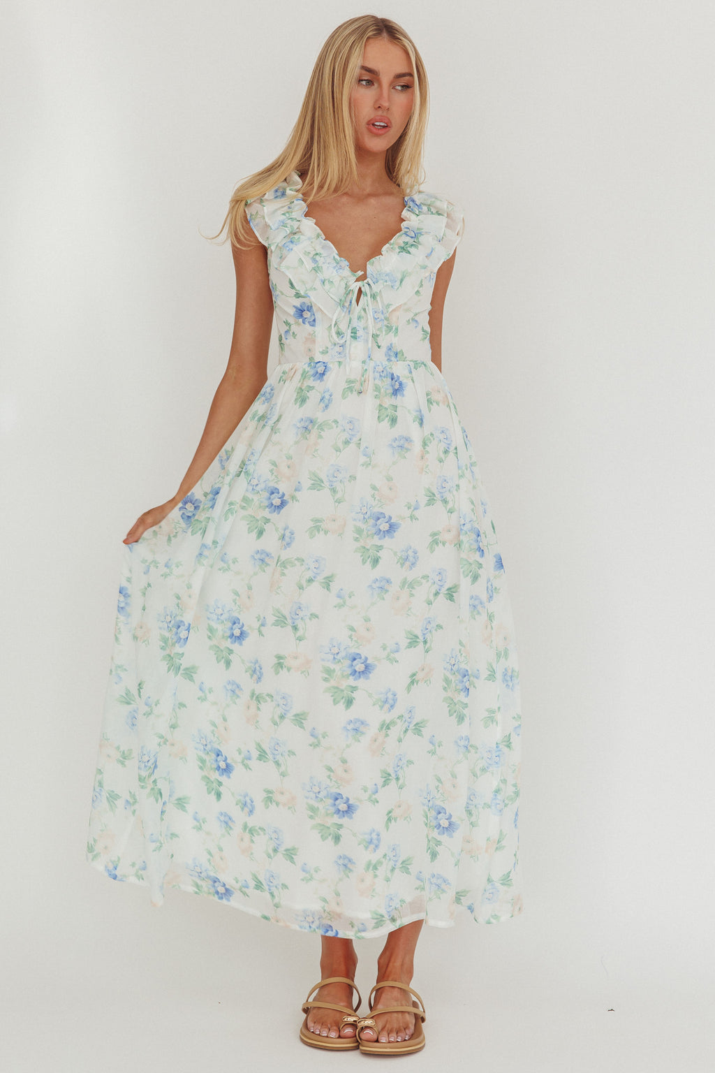 Spring Harvest Frill Neckline Maxi Dress Floral Blue by Selfie Leslie Australia