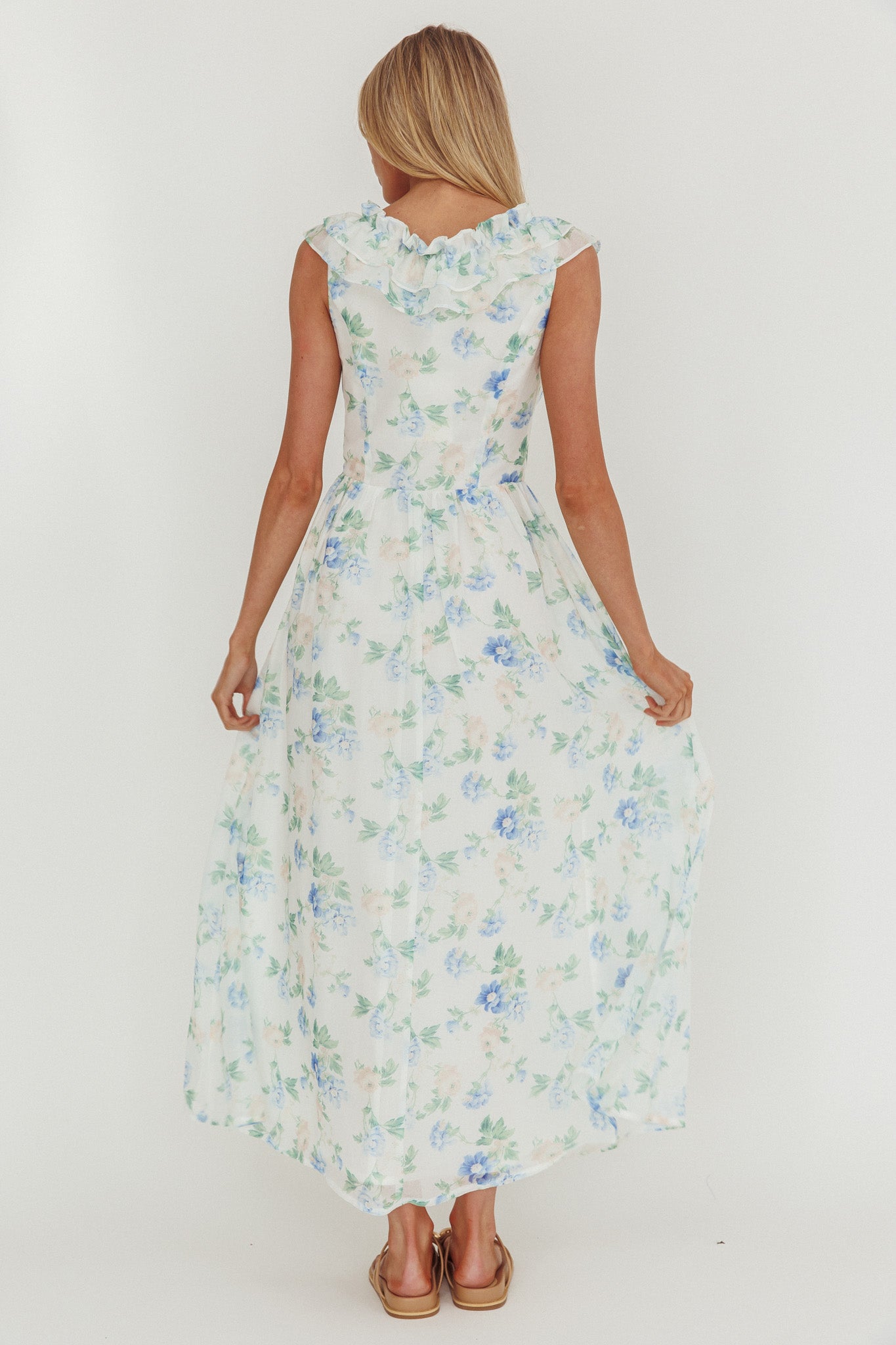Spring Harvest Frill Neckline Maxi Dress Floral Blue by Selfie Leslie Australia