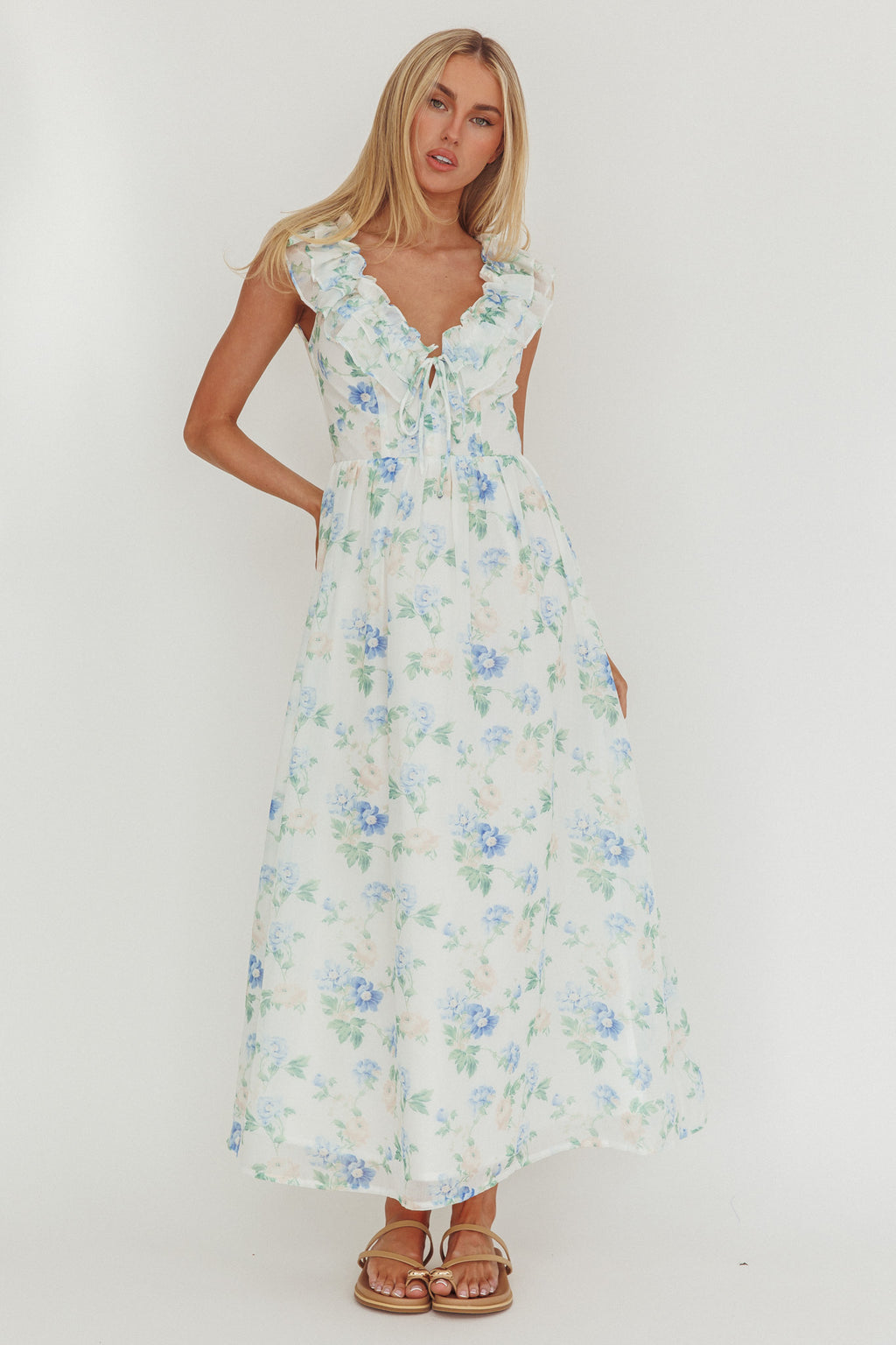 Spring Harvest Frill Neckline Maxi Dress Floral Blue by Selfie Leslie Australia