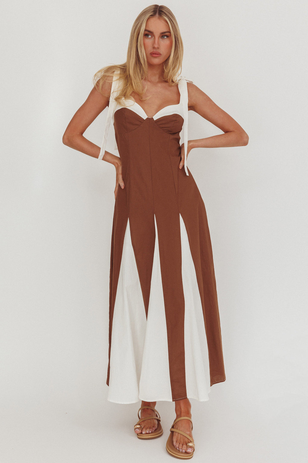 Marisa Tied Shoulder Godet Hem Maxi Dress Contrast Chocolate by Selfie Leslie Australia