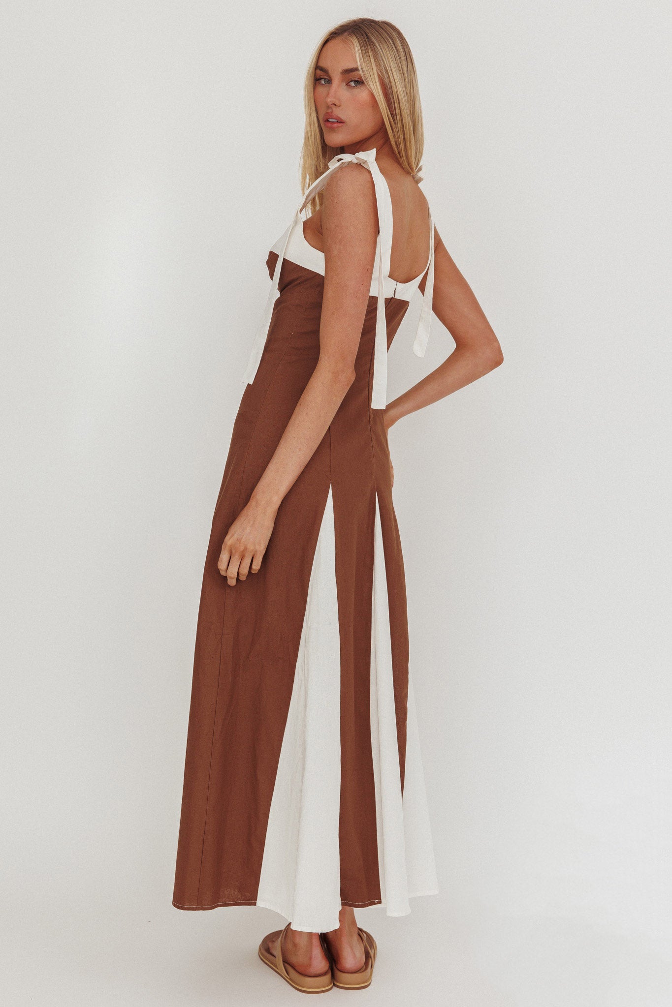 Marisa Tied Shoulder Godet Hem Maxi Dress Contrast Chocolate by Selfie Leslie Australia
