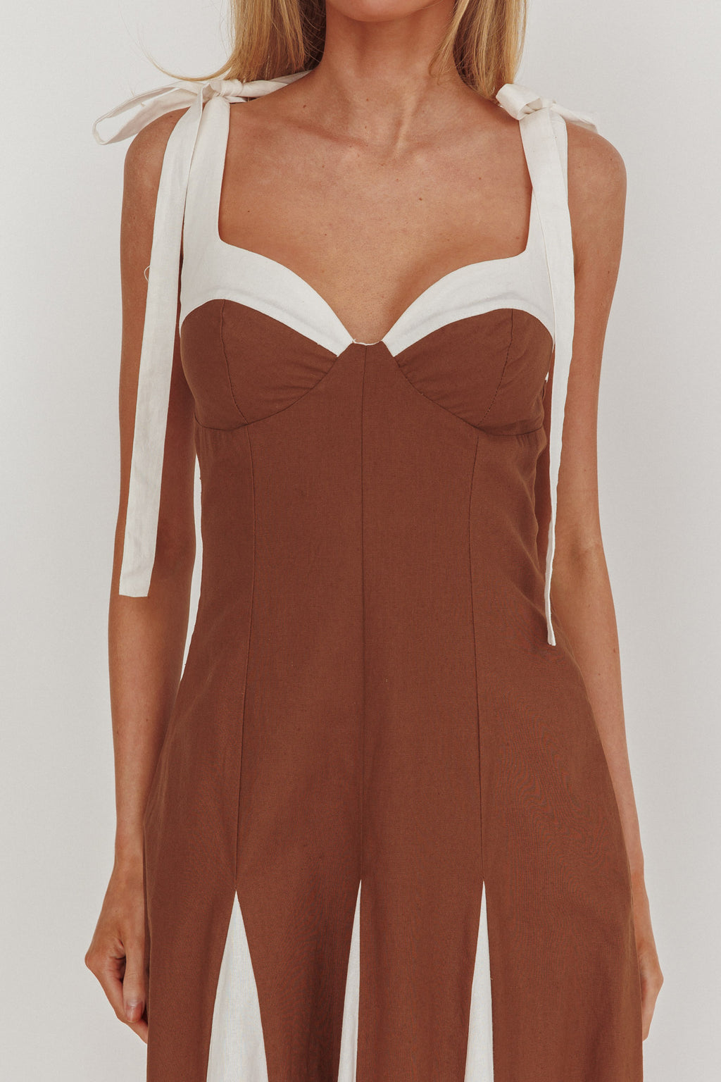 Marisa Tied Shoulder Godet Hem Maxi Dress Contrast Chocolate by Selfie Leslie Australia