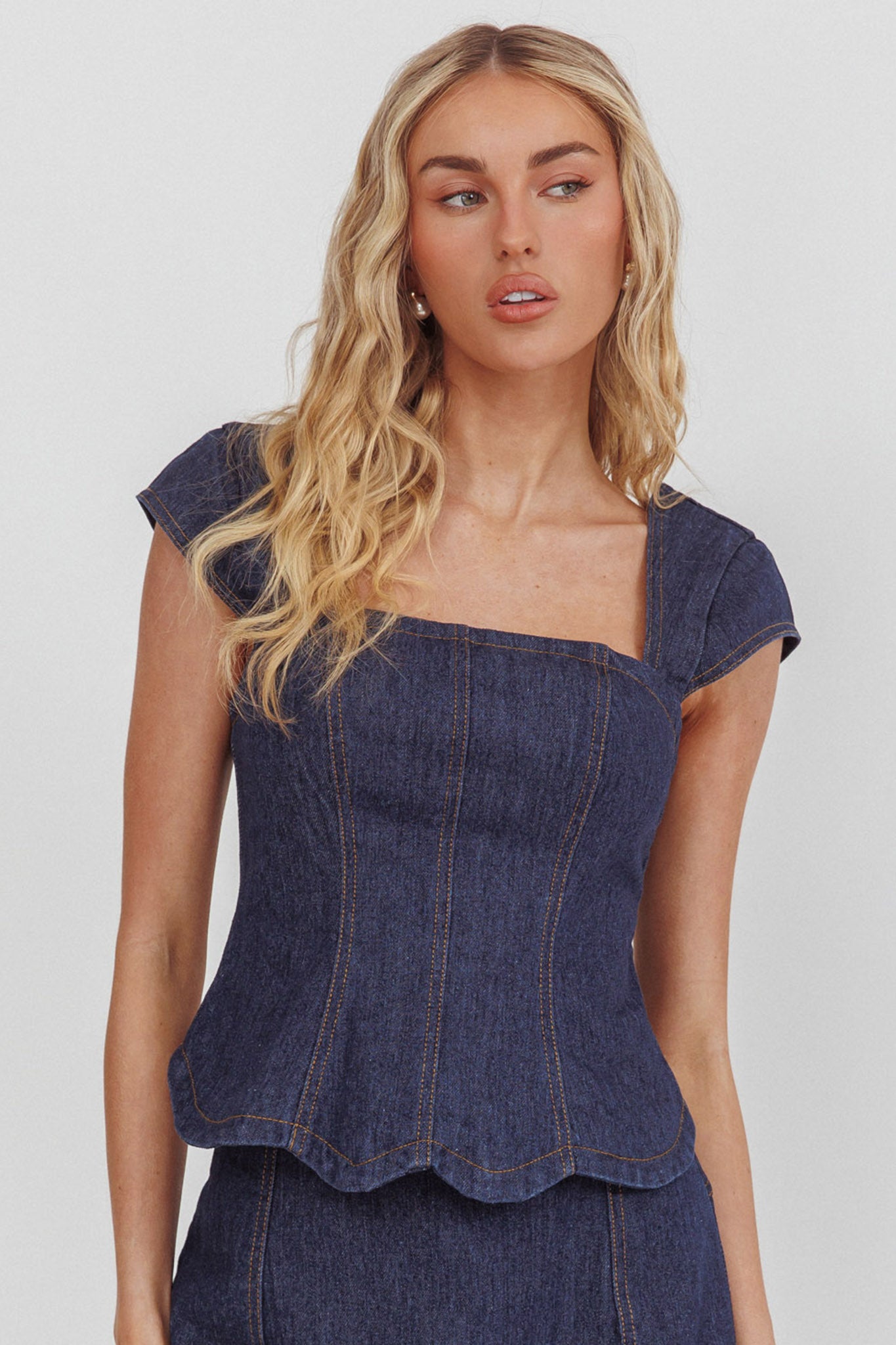 Halen Cap Sleeve Scalloped Top Indigo by Selfie Leslie Australia