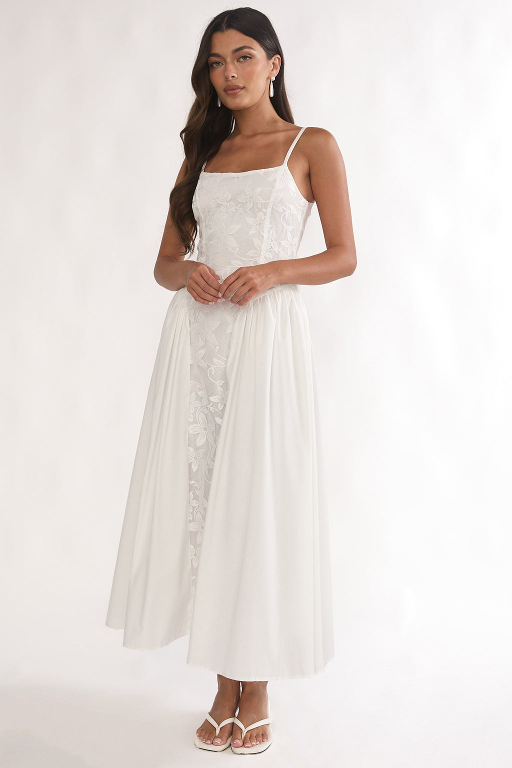 Seluna Gathered Waist Maxi Dress Embroidered Cream by Selfie Leslie Australia